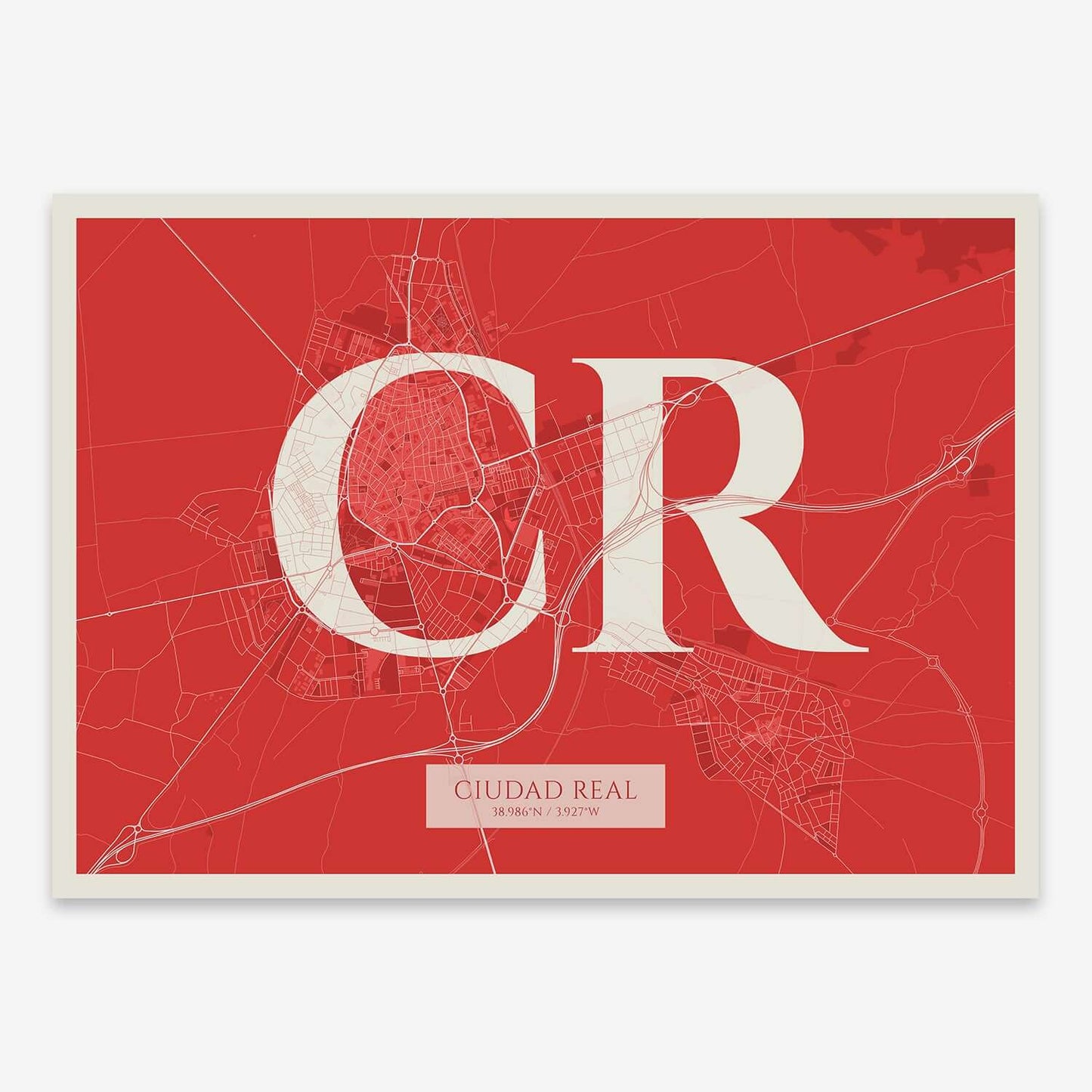 The map of Ciudad-Real composed with letters in serif font printed on red and an off-white background