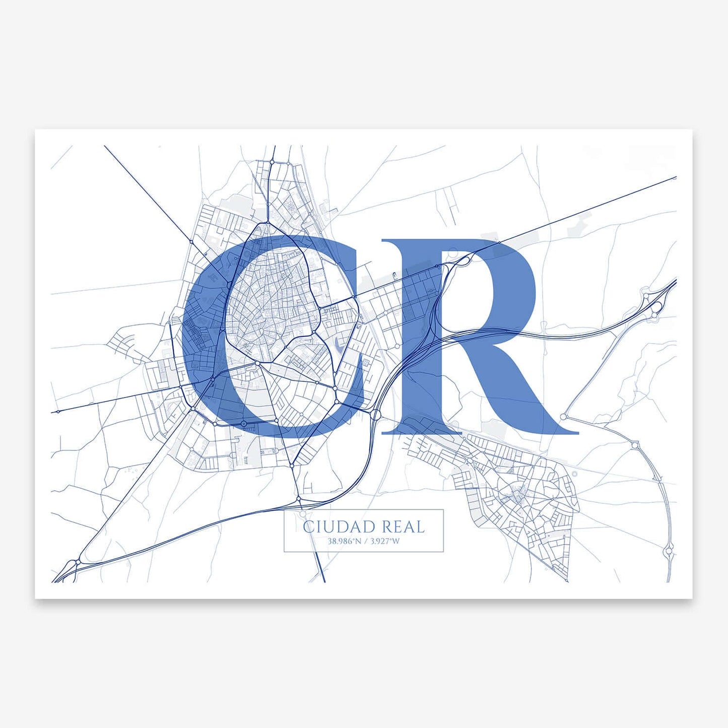 The map of Ciudad-Real composed with letters in serif font printed on navy blue and white