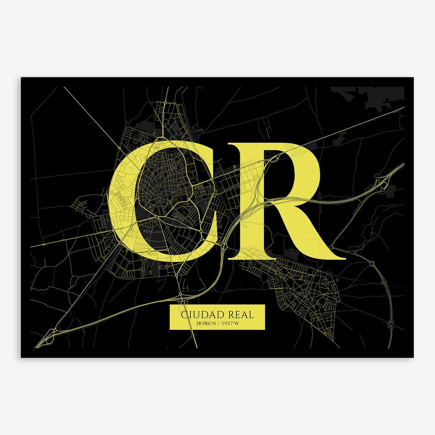 The map of Ciudad-Real composed with letters in serif font printed on black and yellow