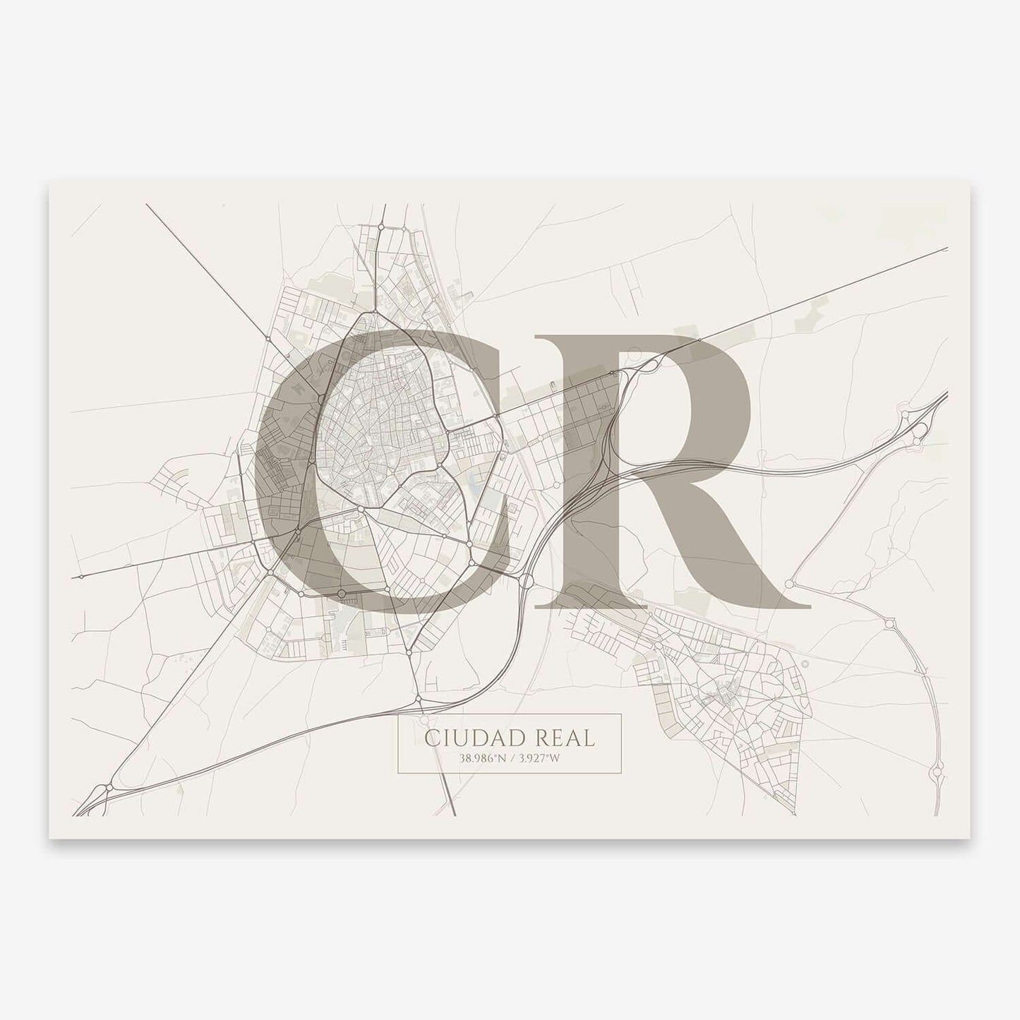 The map of Ciudad-Real composed with letters in serif font printed on light brown and an off-white background