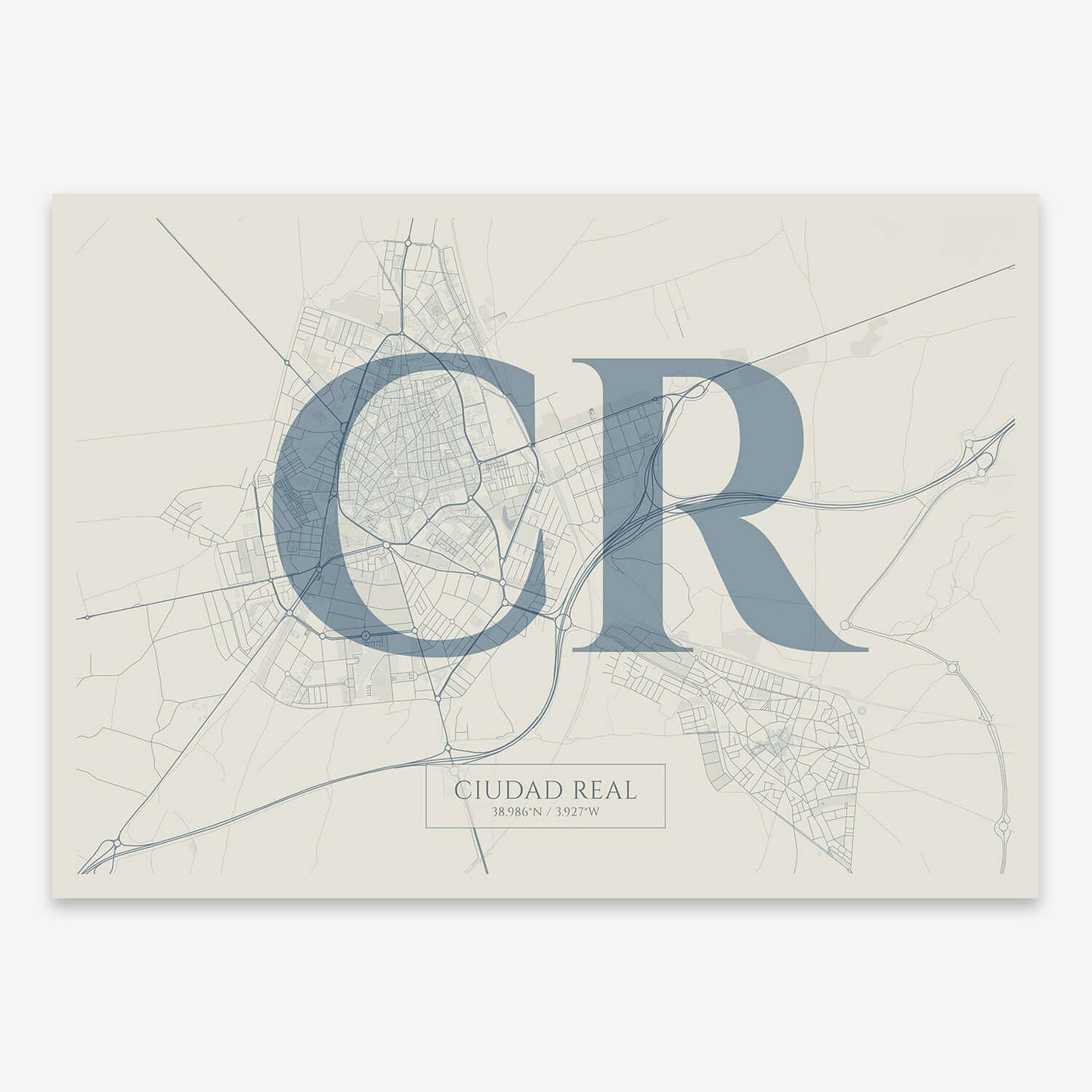 The map of Ciudad-Real composed with letters in serif font printed on bluish gray and an off-white background