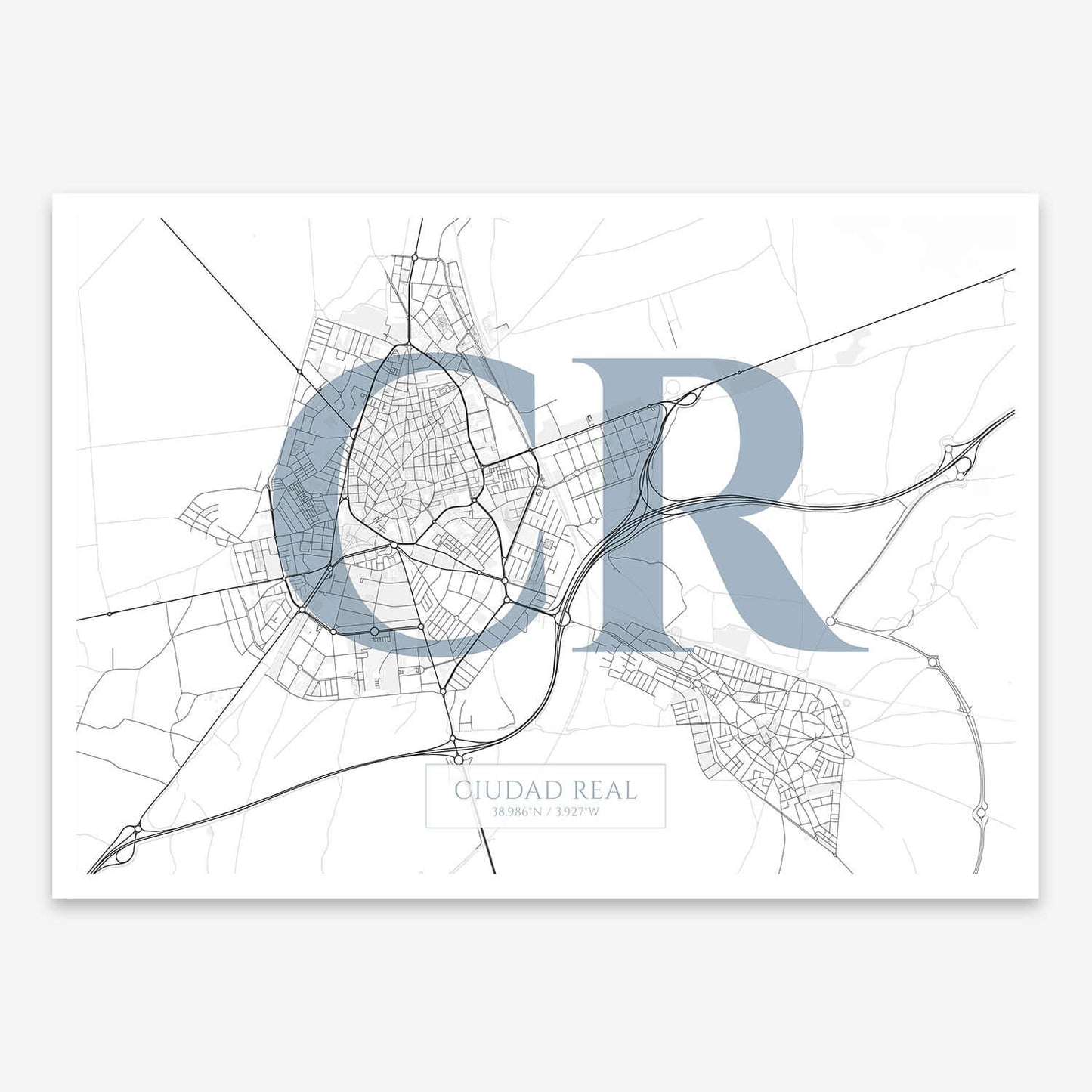 The map of Ciudad-Real composed with letters in serif font printed on black and white