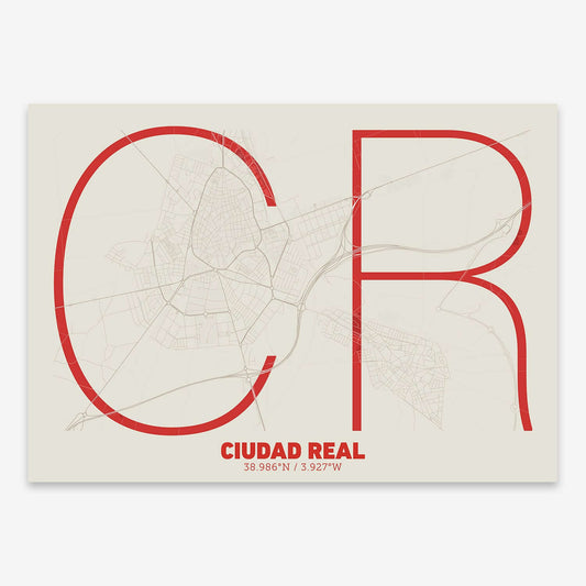 The map of Ciudad-Real composed with letters in extra light font printed on red and an off-white background
