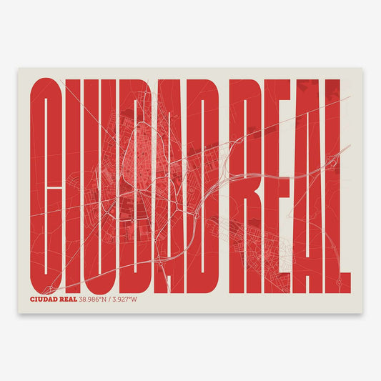 The map of Ciudad-Real and letters of its name in a giclée print designed in red and an off-white background