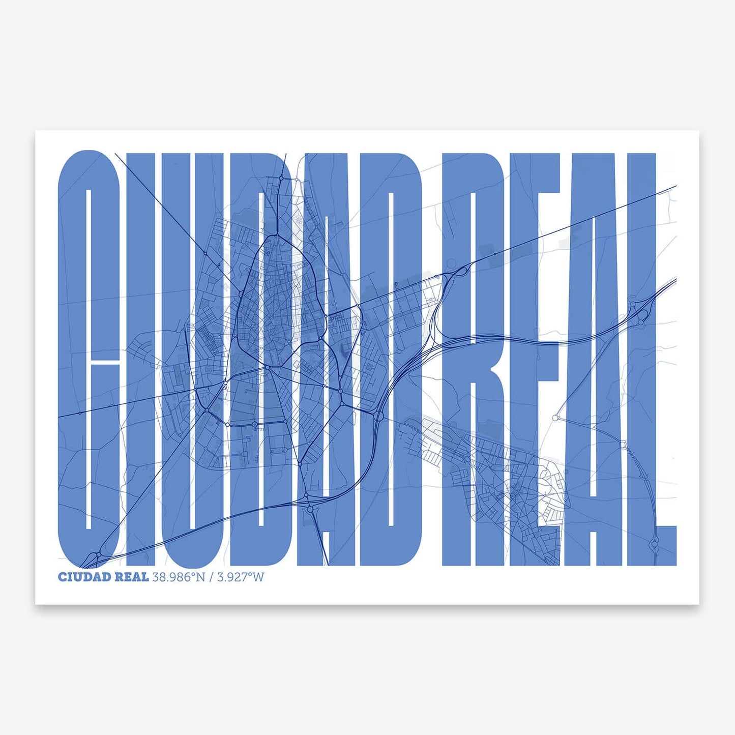 The map of Ciudad-Real and letters of its name in a giclée print designed in navy blue and white