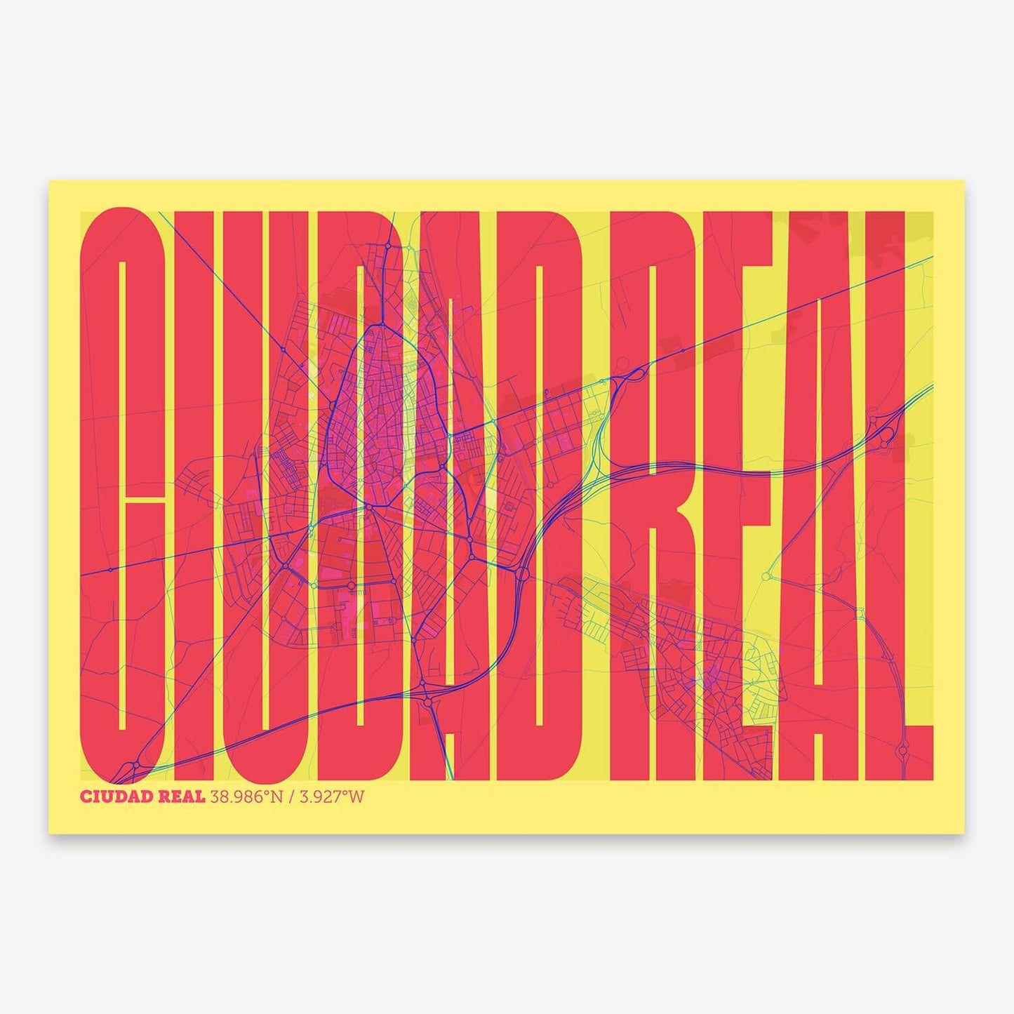 The map of Ciudad-Real and letters of its name in a giclée print designed in yellow and fuchsia