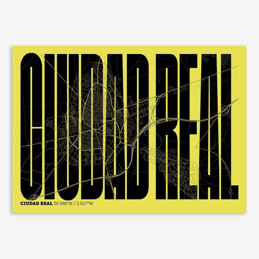 The map of Ciudad-Real and letters of its name in a giclée print designed in black and yellow