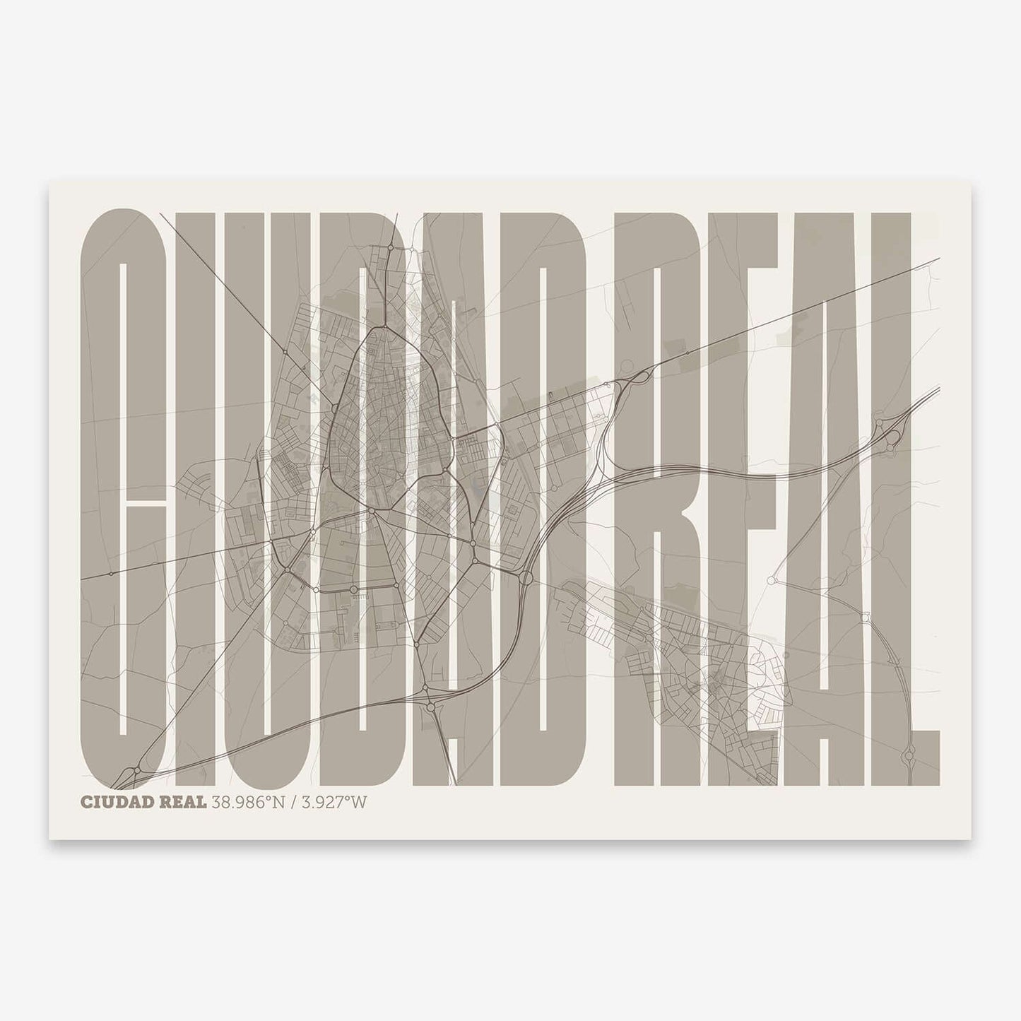 The map of Ciudad-Real and letters of its name in a giclée print designed in light brown and an off-white background