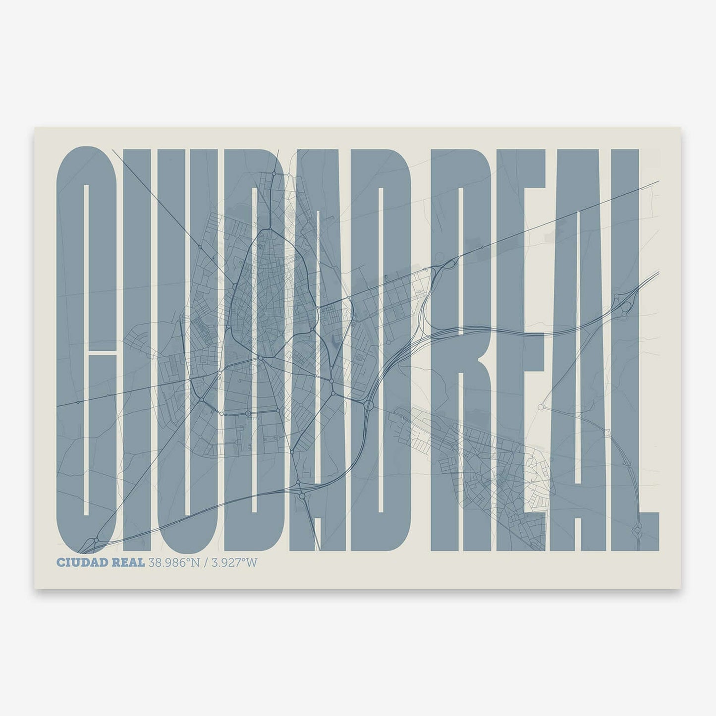 The map of Ciudad-Real and letters of its name in a giclée print designed in bluish gray and an off-white background
