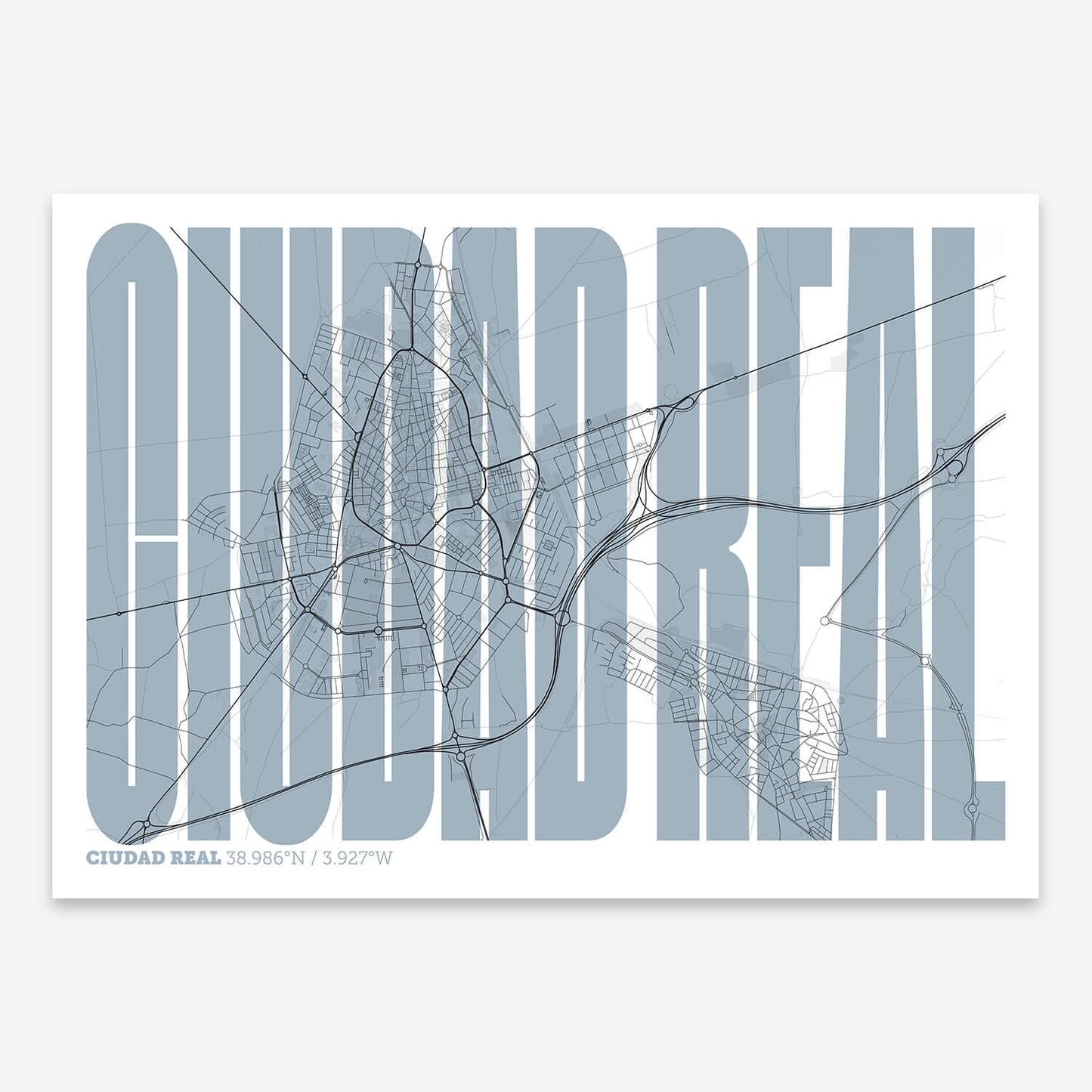 The map of Ciudad-Real and letters of its name in a giclée print designed in black and white