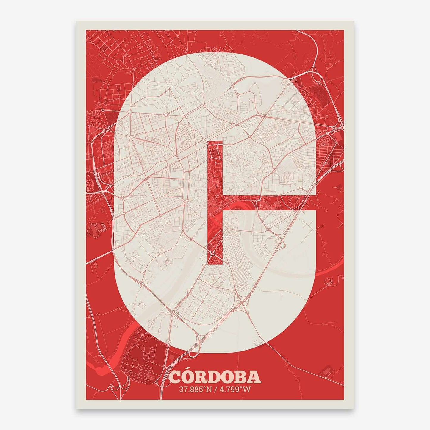 The map of Cordoba composed with letters in a heavy geometric font printed on navy blue and white