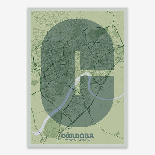 The map of Cordoba composed with letters in a heavy geometric font printed on red and an off-white background