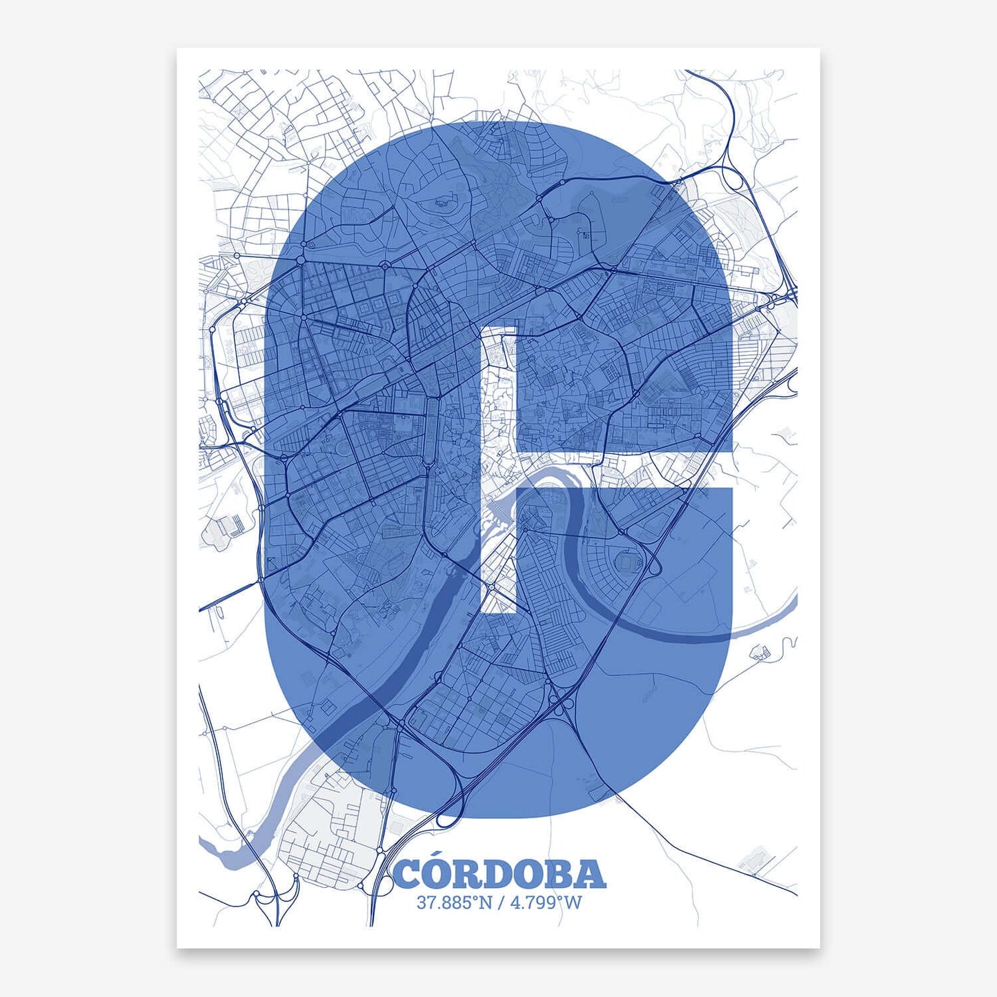 The map of Cordoba composed with letters in a heavy geometric font printed on yellow and fuchsia