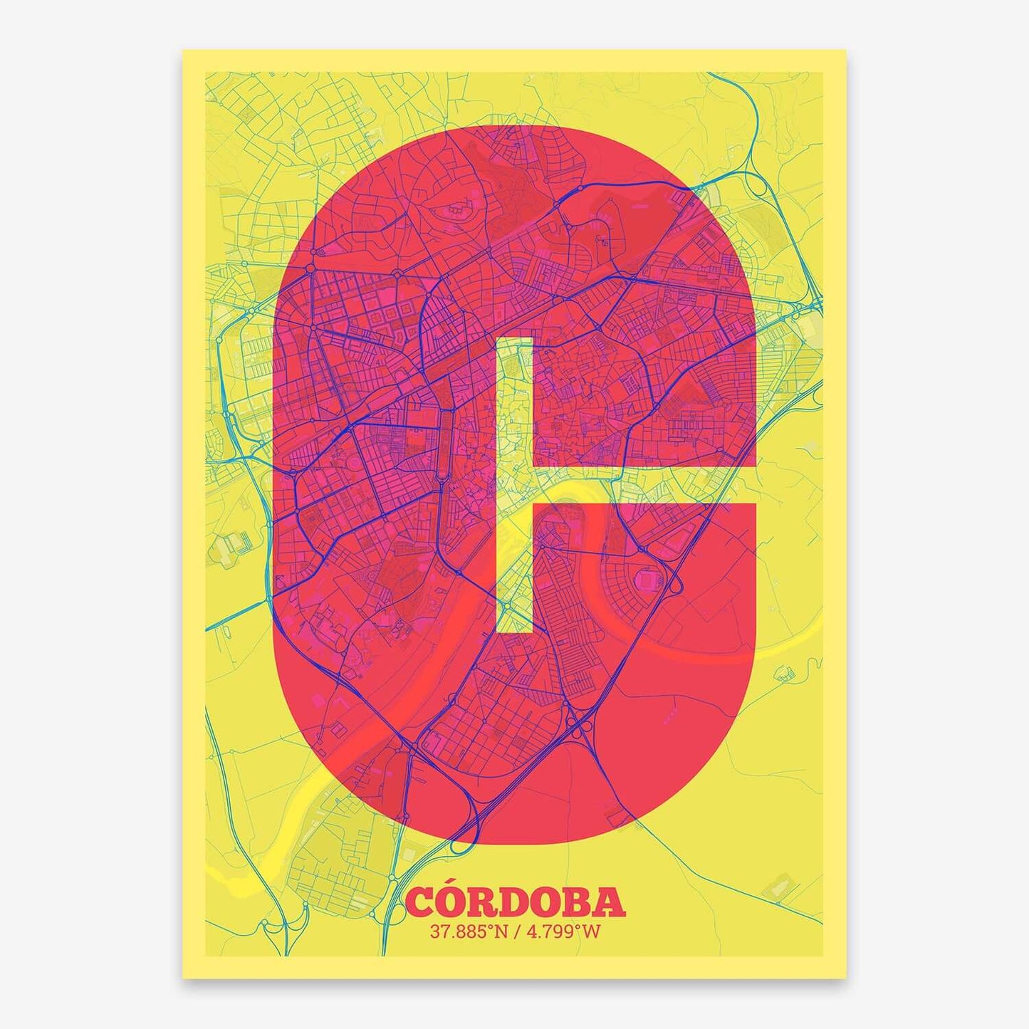 The map of Cordoba composed with letters in a heavy geometric font printed on black and yellow
