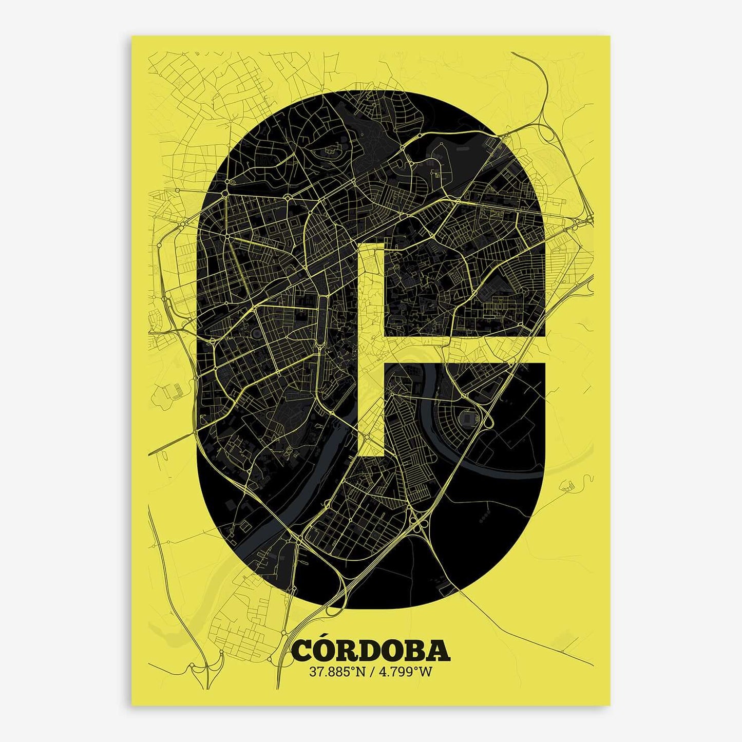 The map of Cordoba composed with letters in a heavy geometric font printed on pink and light blue