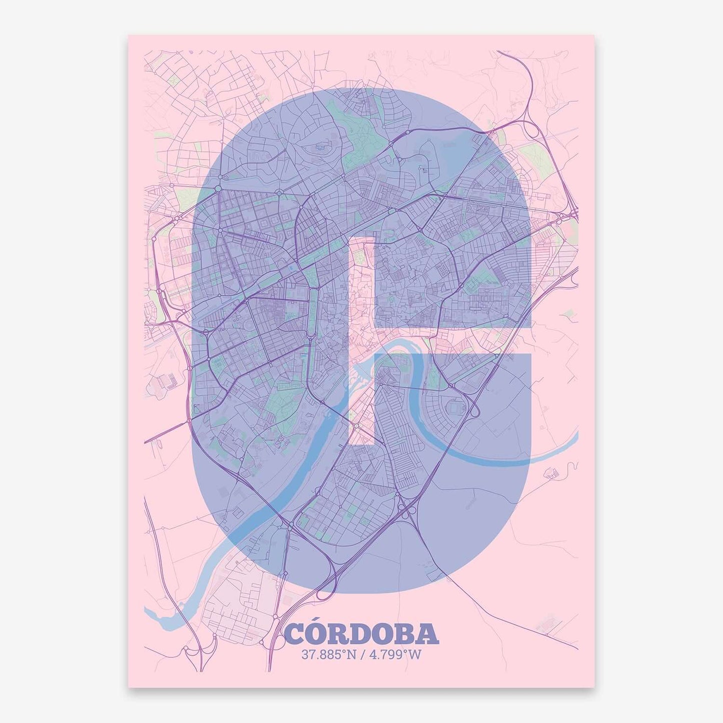 The map of Cordoba composed with letters in a heavy geometric font printed on light brown and an off-white background