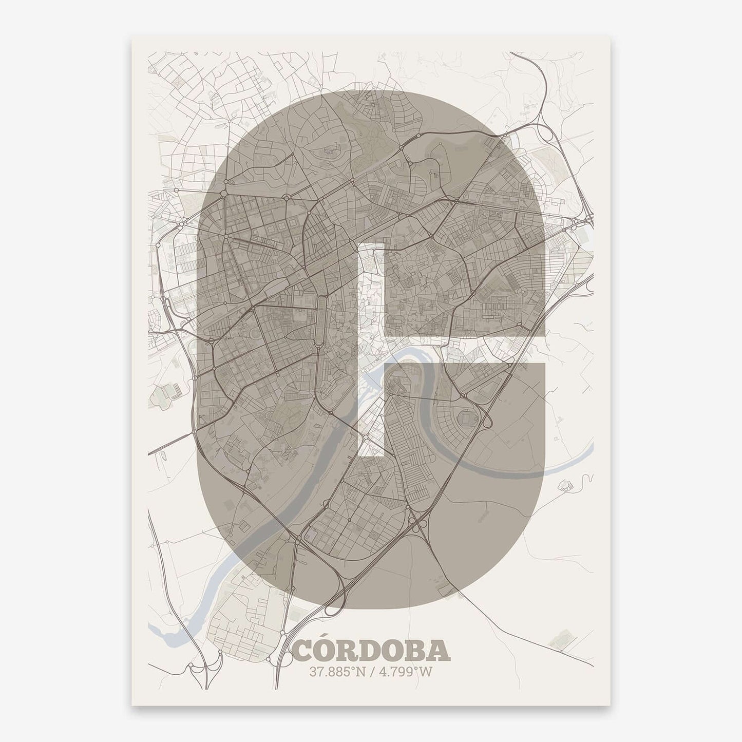 The map of Cordoba composed with letters in a heavy geometric font printed on bluish gray and an off-white background