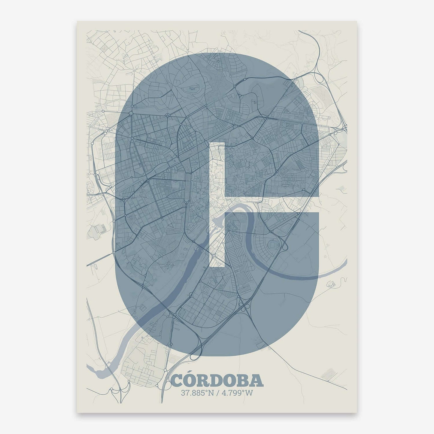 The map of Cordoba composed with letters in a heavy geometric font printed on purple and light blue