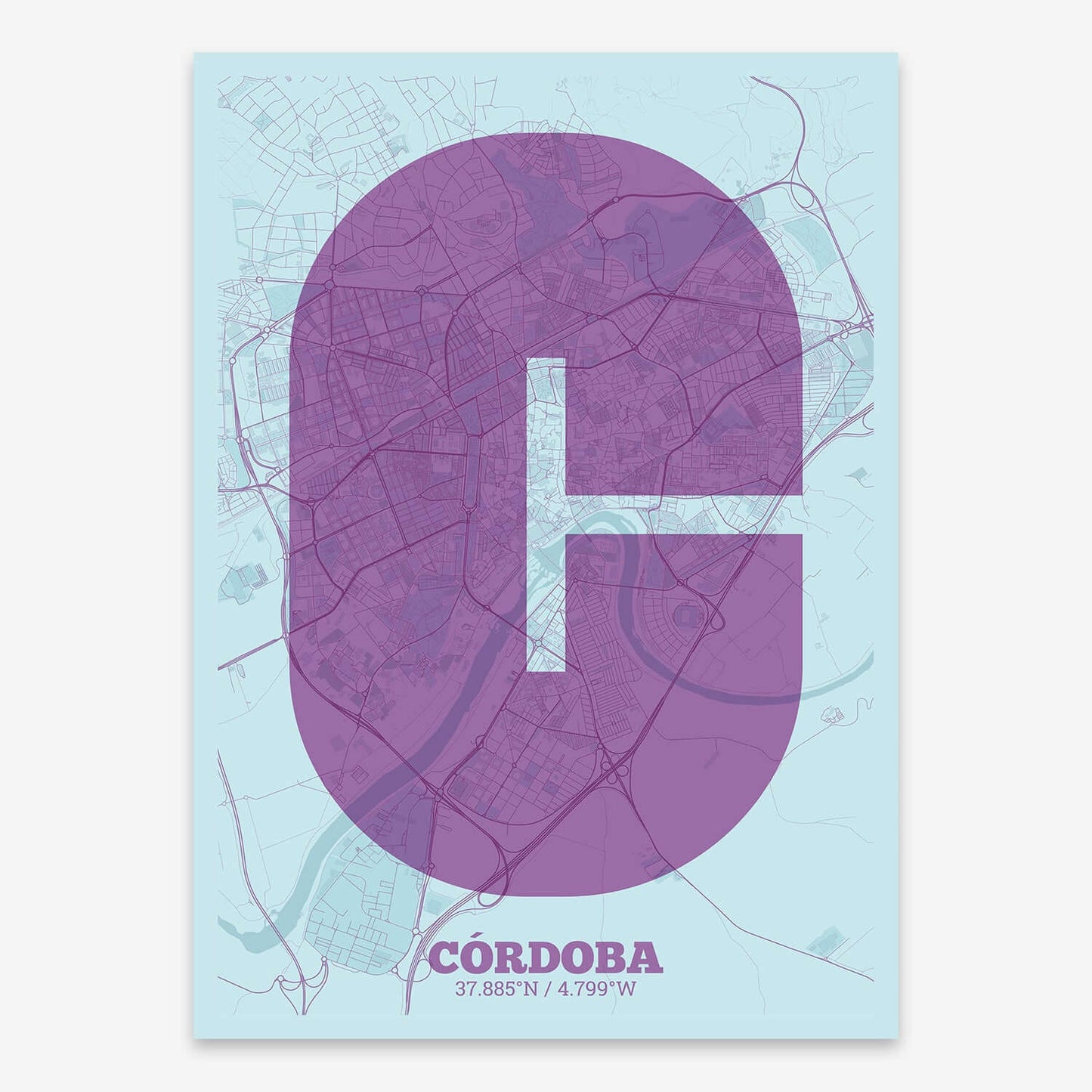 The map of Cordoba composed with letters in a heavy geometric font printed on orange and an off-white background