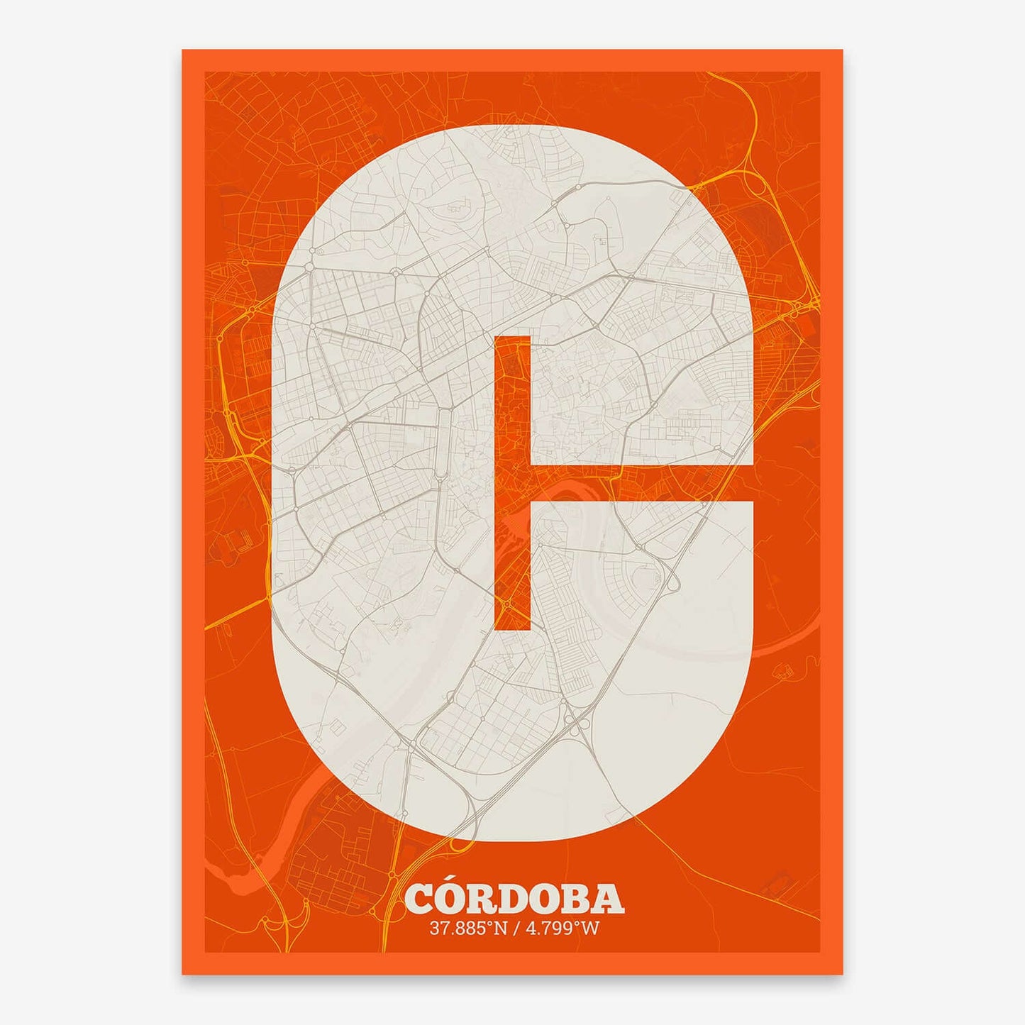 The map of Cordoba composed with letters in a heavy geometric font printed on violet y pink background