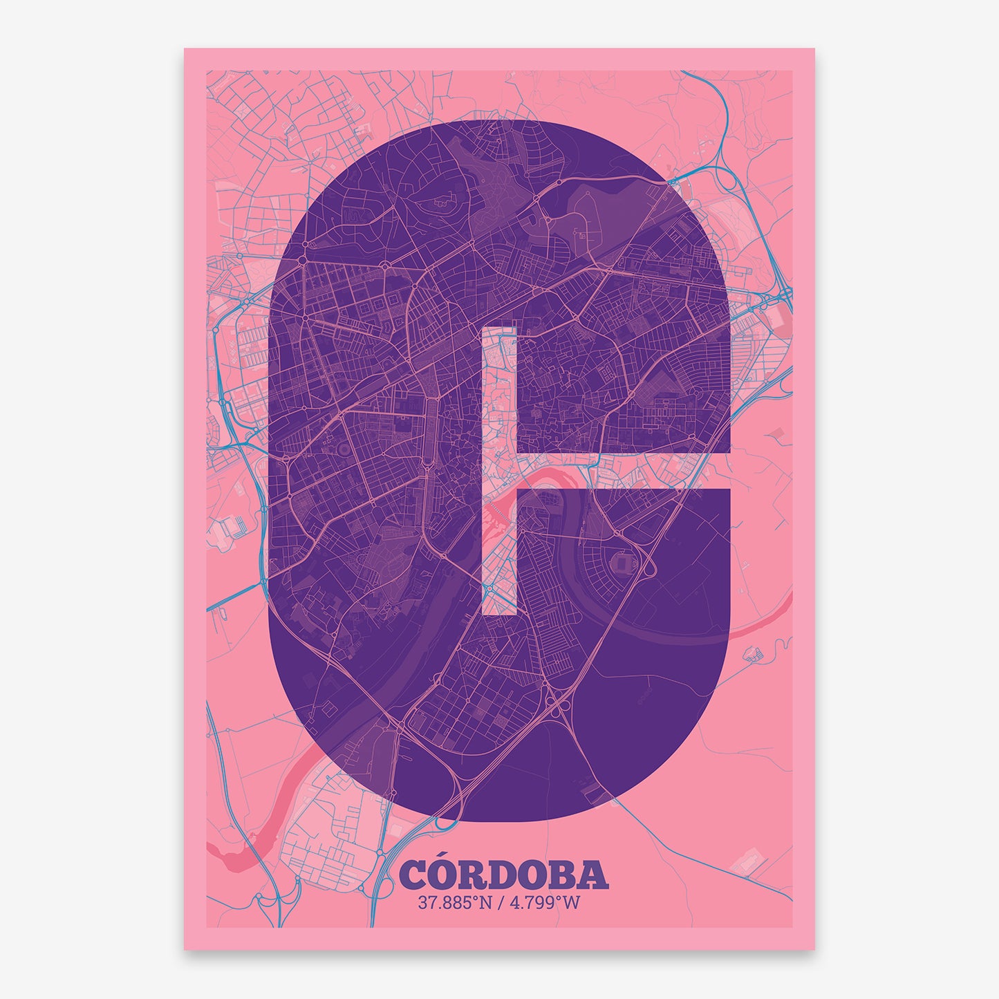 The map of Cordoba composed with letters in a heavy geometric font printed on two green tones