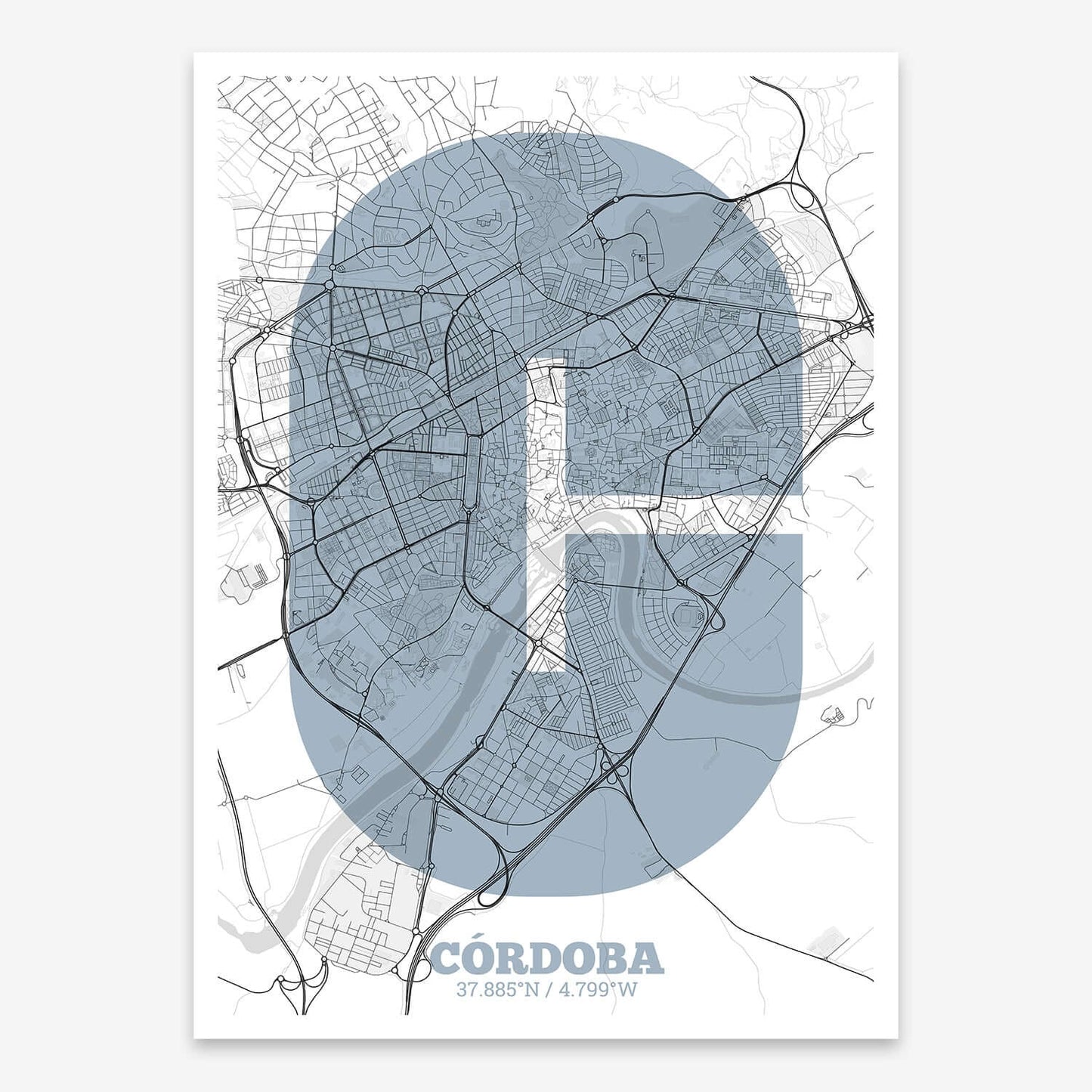 The map of Cordoba composed with letters in a heavy geometric font printed on black and white
