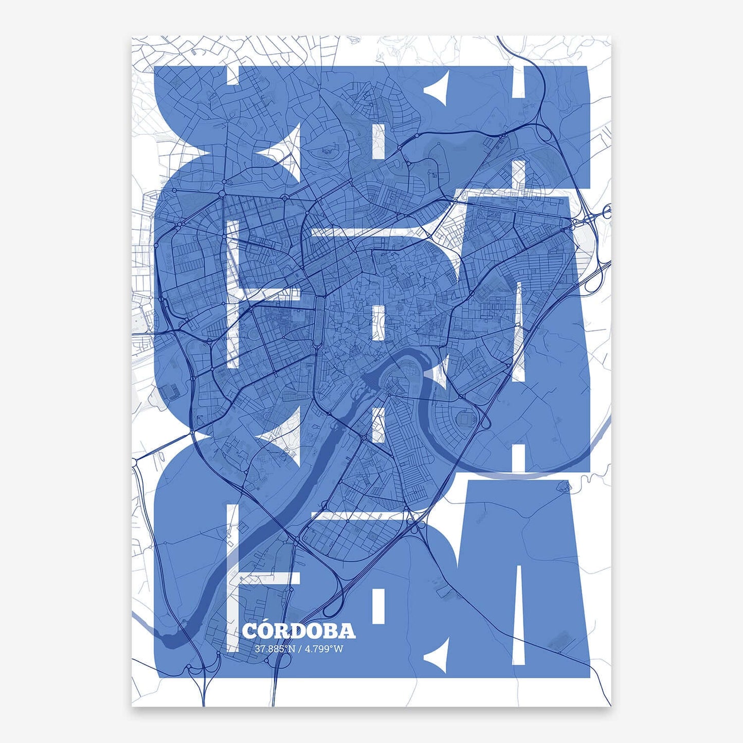 The map of Cordoba composed with letters from its name or IATA code printed on navy blue and white