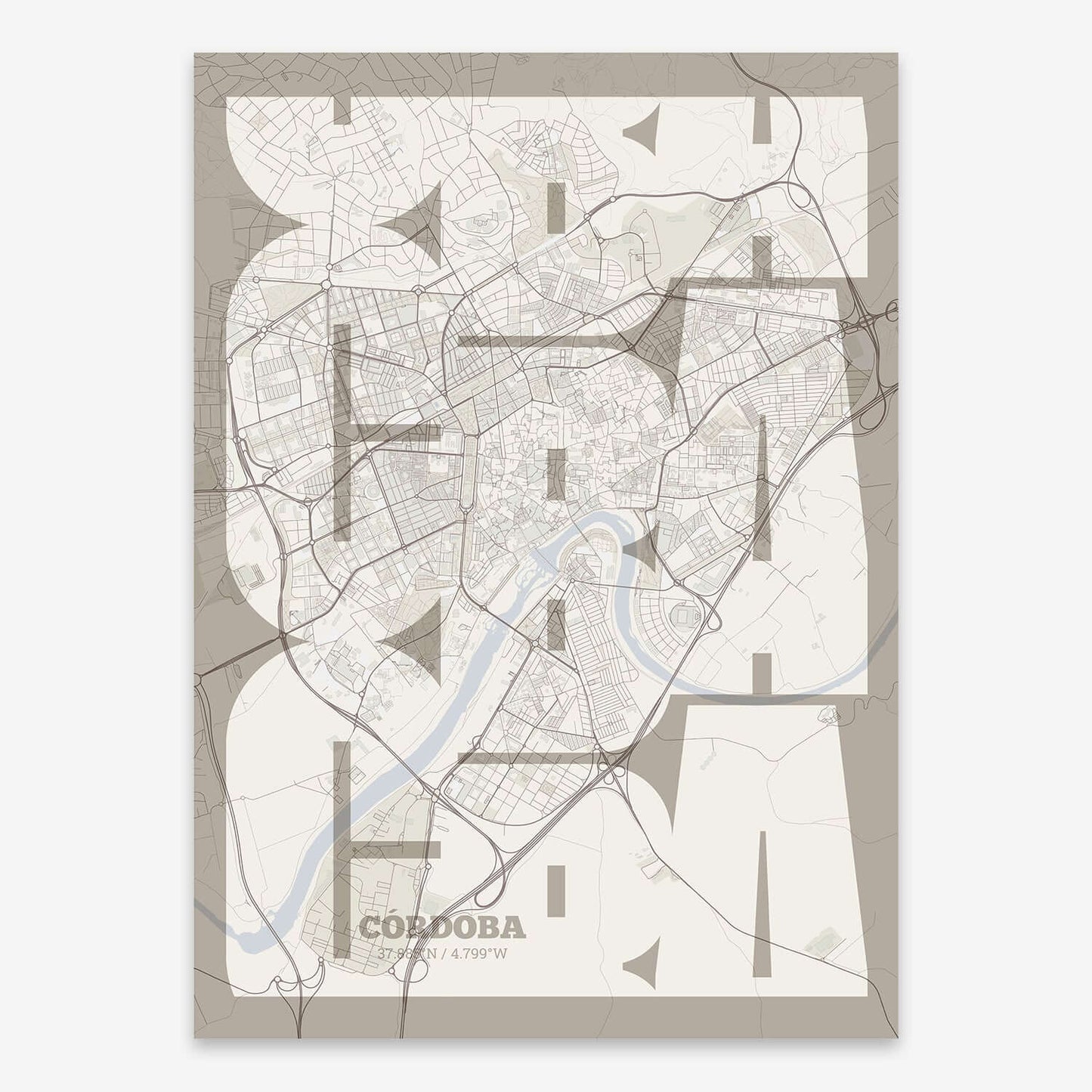 The map of Cordoba composed with letters from its name or IATA code printed on light brown and an off-white background