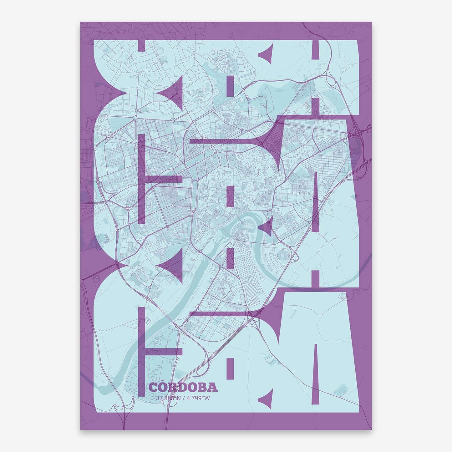 The map of Cordoba composed with letters from its name or IATA code printed on purple and light blue