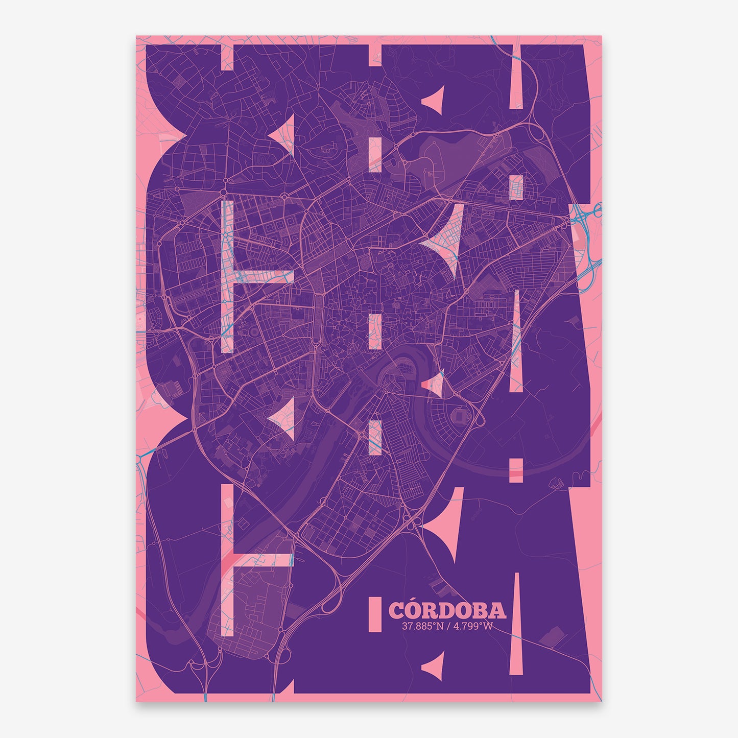 The map of Cordoba composed with letters from its name or IATA code printed on violet y pink background