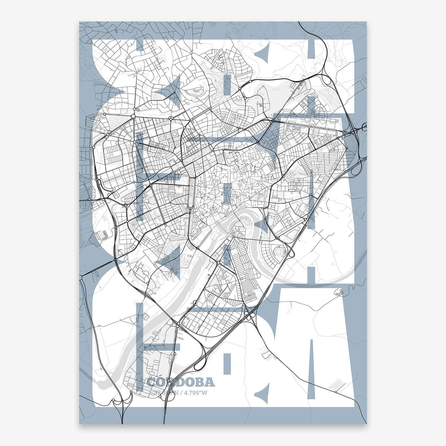 The map of Cordoba composed with letters from its name or IATA code printed on black and white