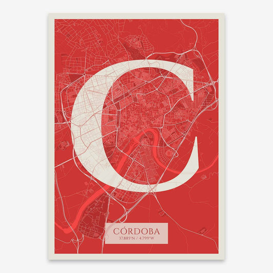 The map of Cordoba composed with letters in serif font printed on red and an off-white background