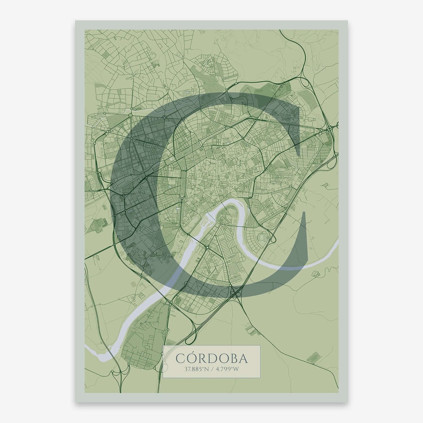 The map of Cordoba composed with letters in serif font printed on two green tones