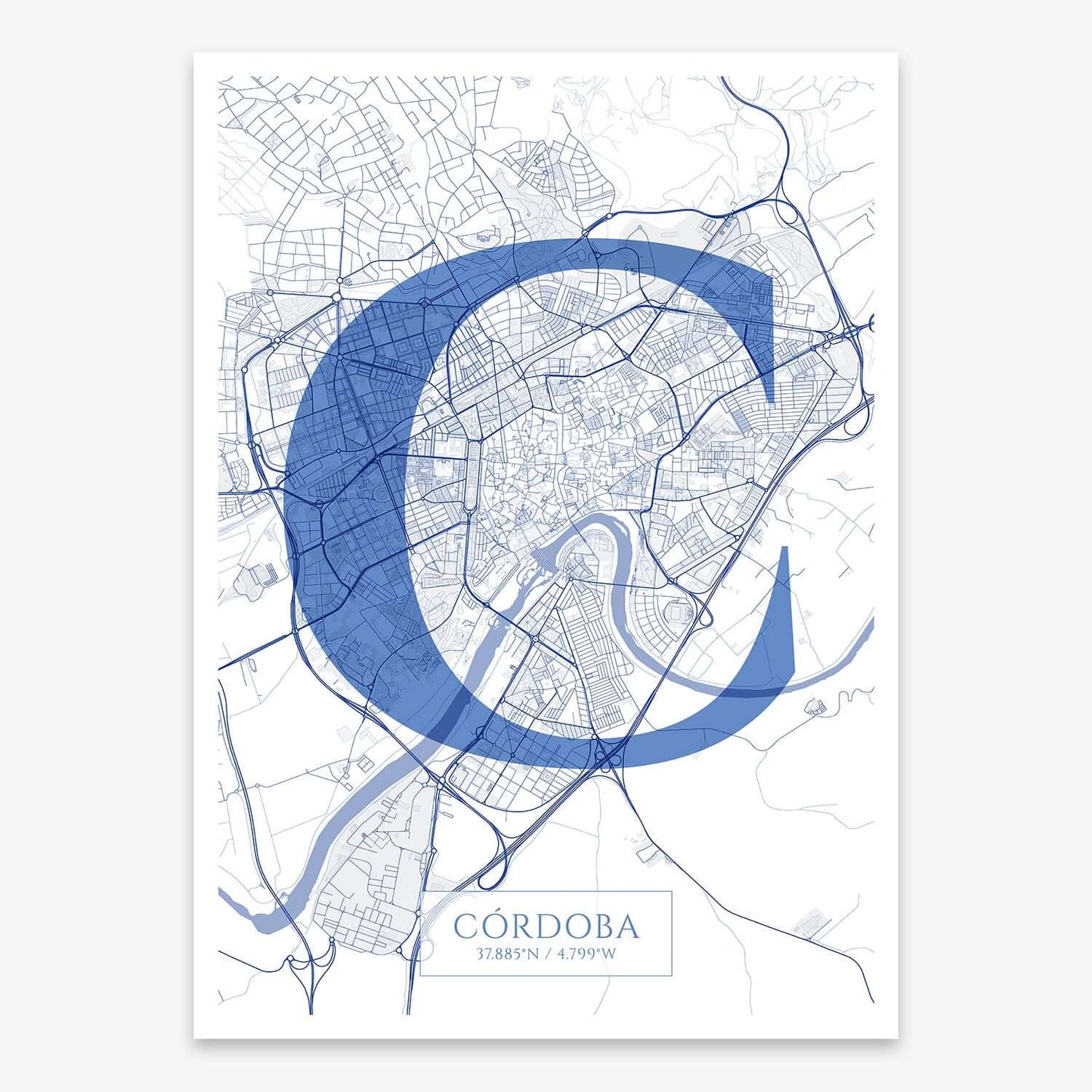 The map of Cordoba composed with letters in serif font printed on navy blue and white