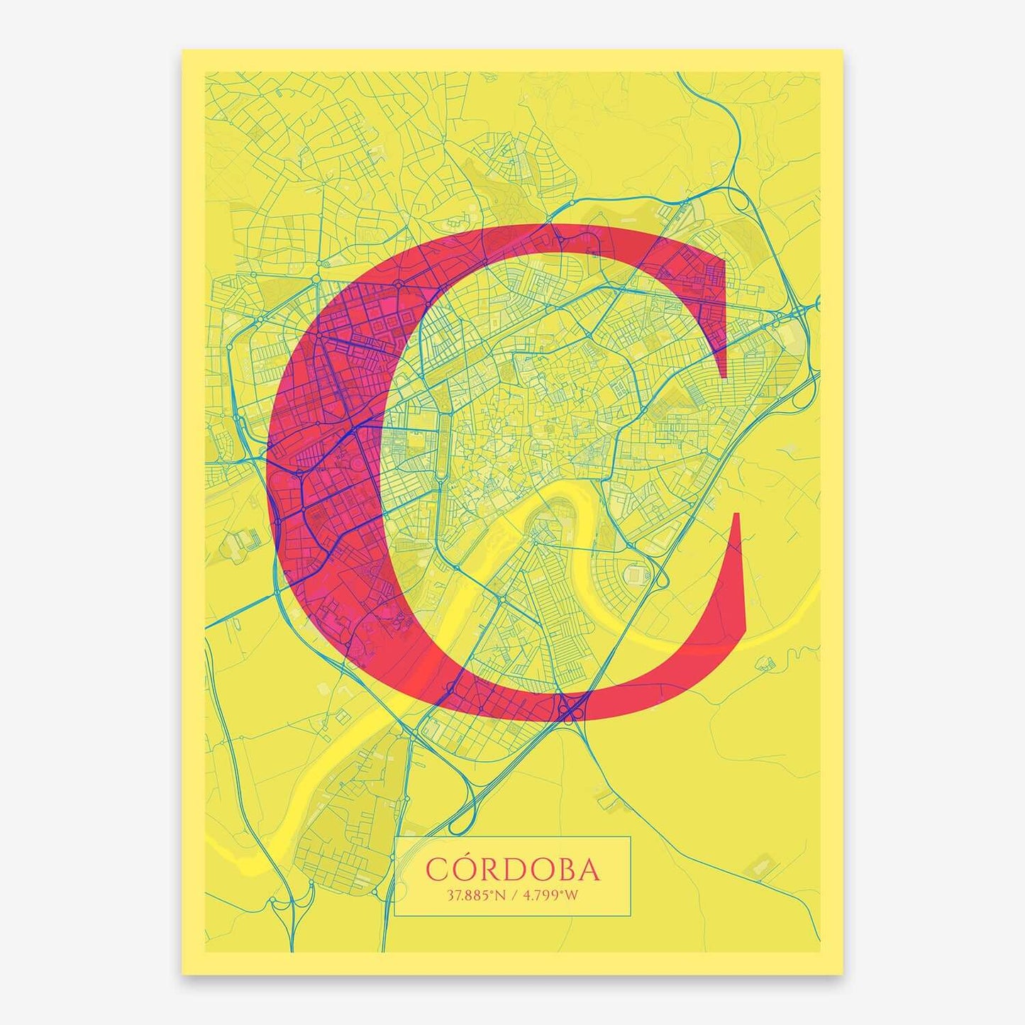 The map of Cordoba composed with letters in serif font printed on yellow and fuchsia