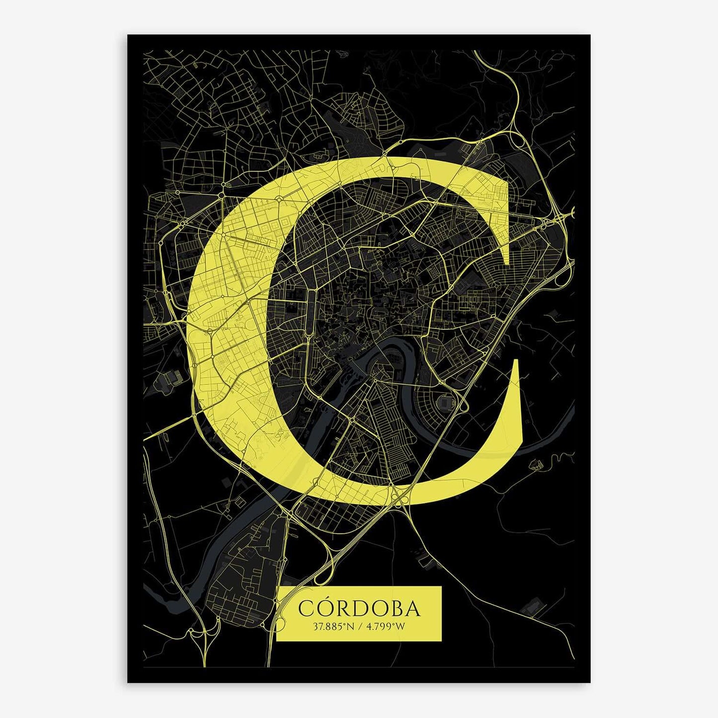 The map of Cordoba composed with letters in serif font printed on black and yellow