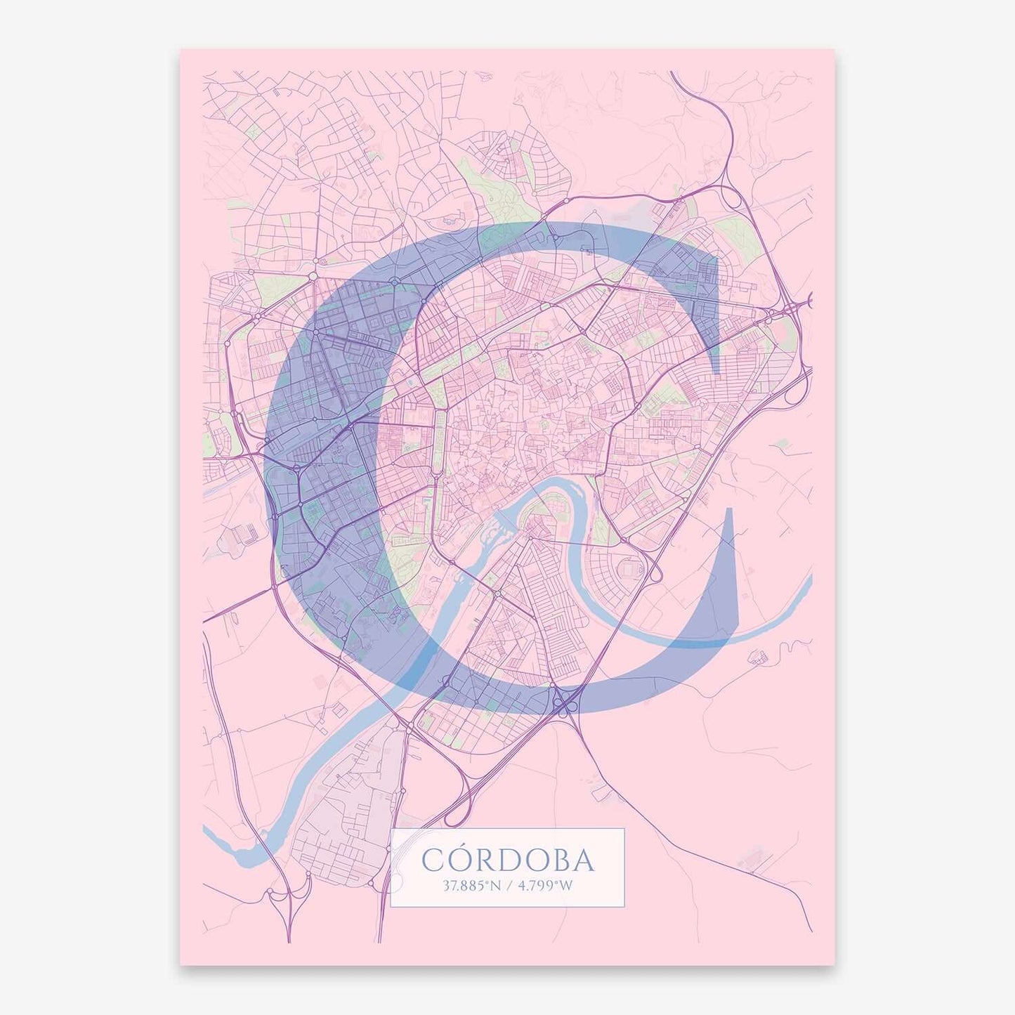 The map of Cordoba composed with letters in serif font printed on pink and light blue