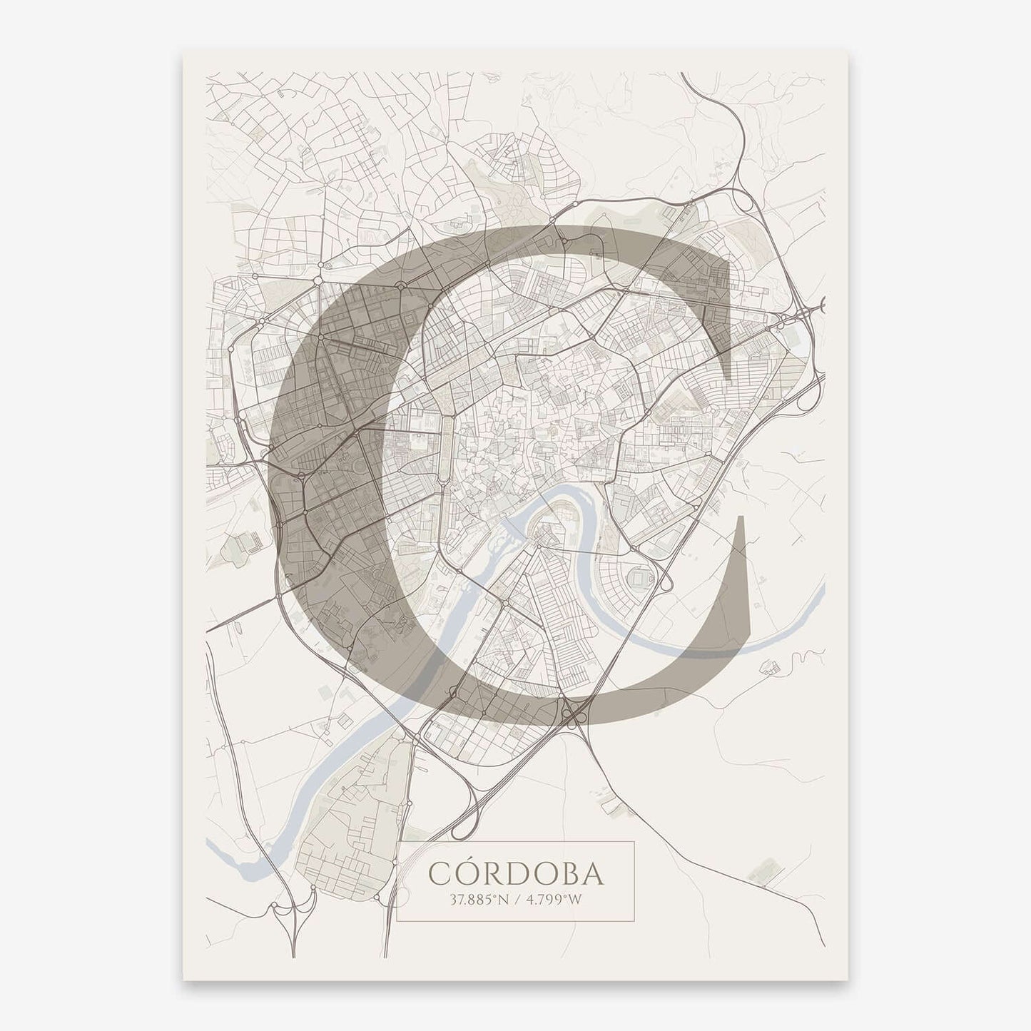 The map of Cordoba composed with letters in serif font printed on light brown and an off-white background
