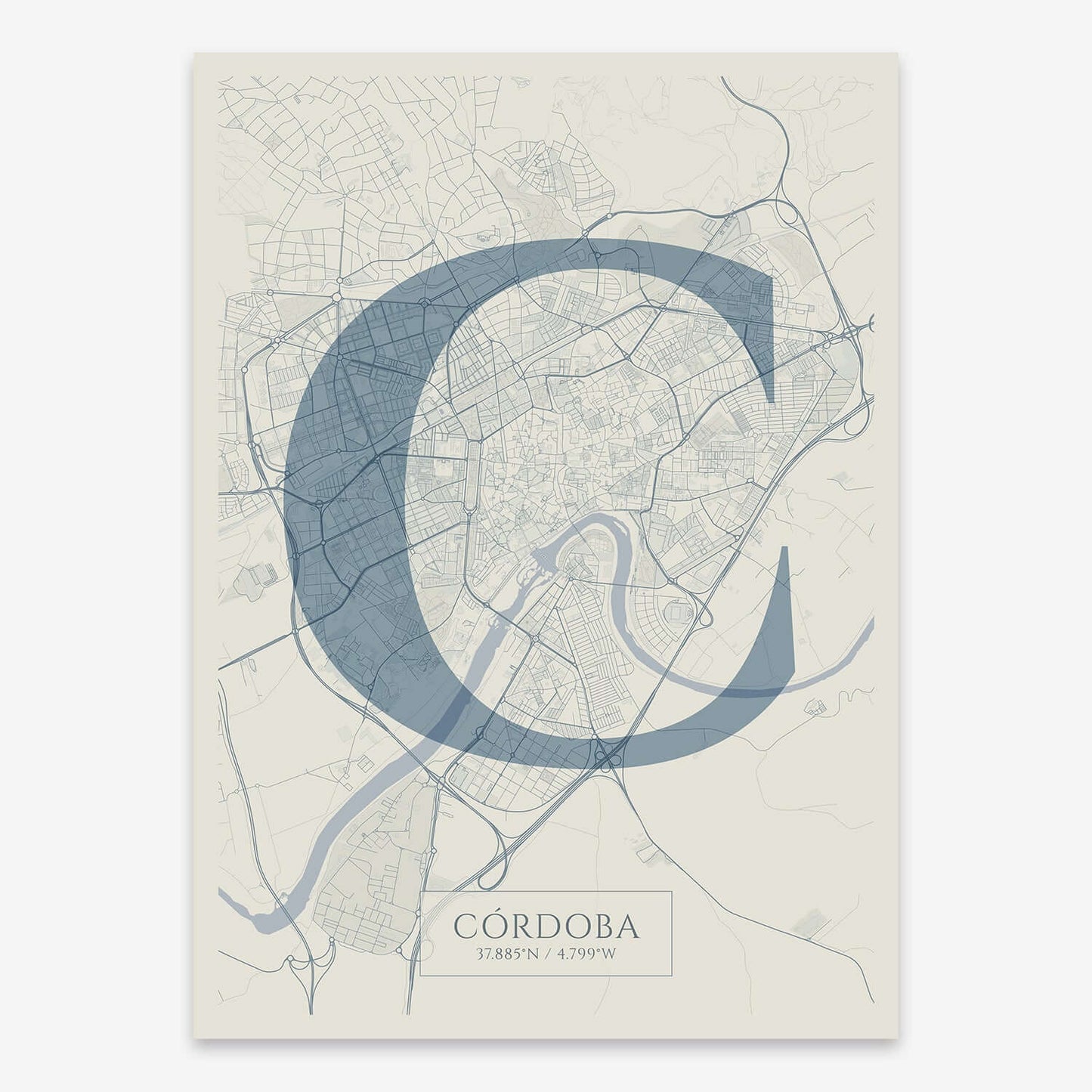 The map of Cordoba composed with letters in serif font printed on bluish gray and an off-white background