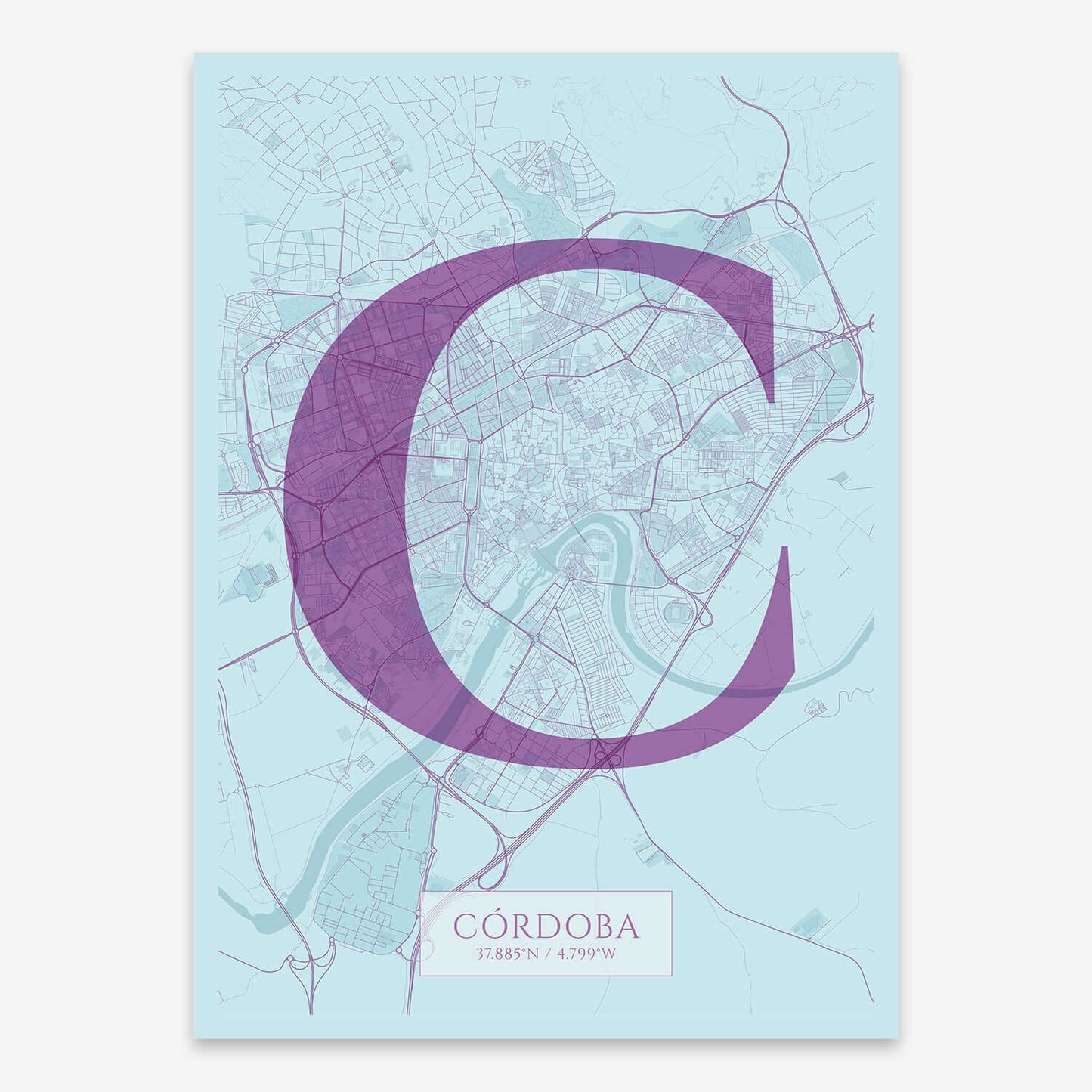 The map of Cordoba composed with letters in serif font printed on purple and light blue