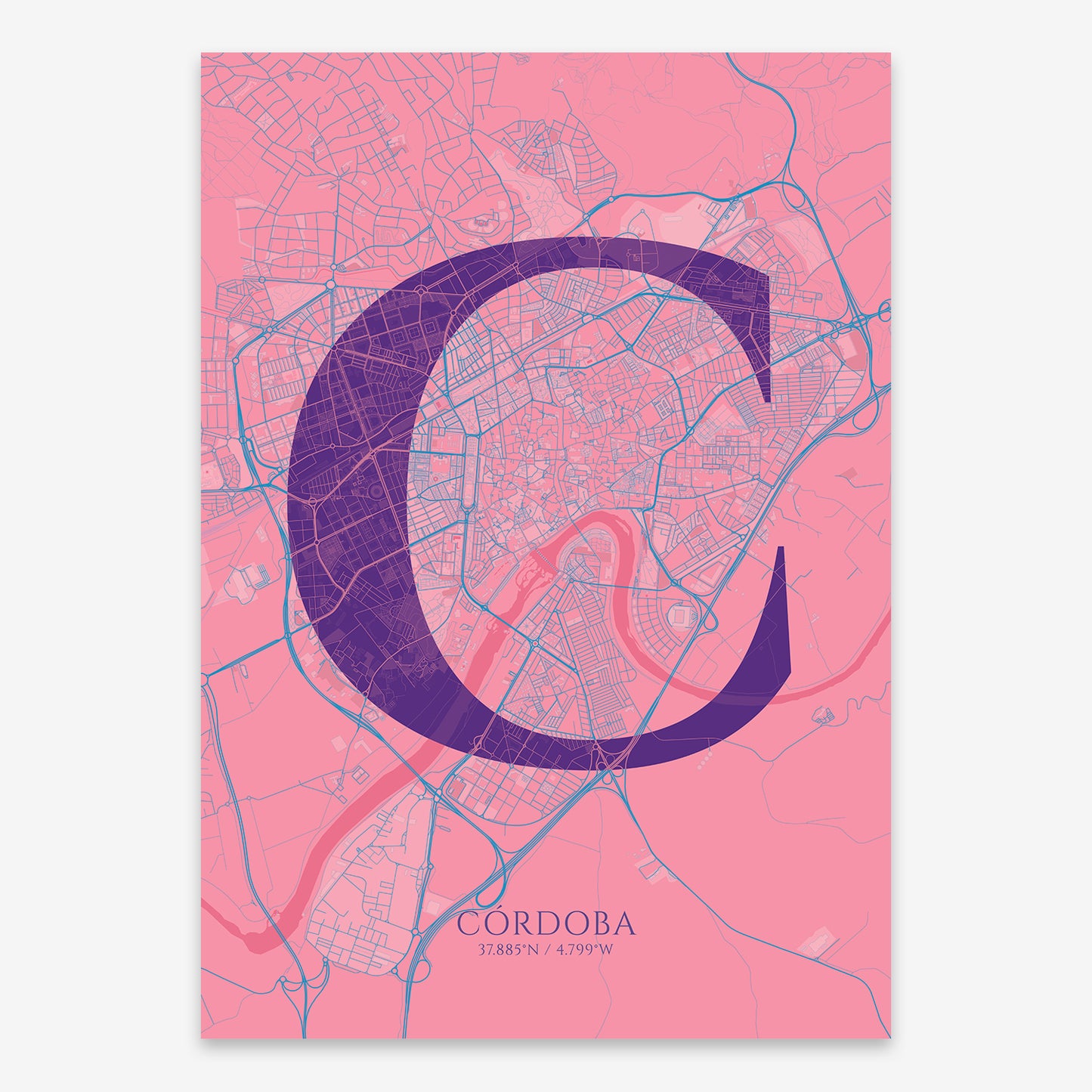 The map of Cordoba composed with letters in serif font printed on violet y pink background