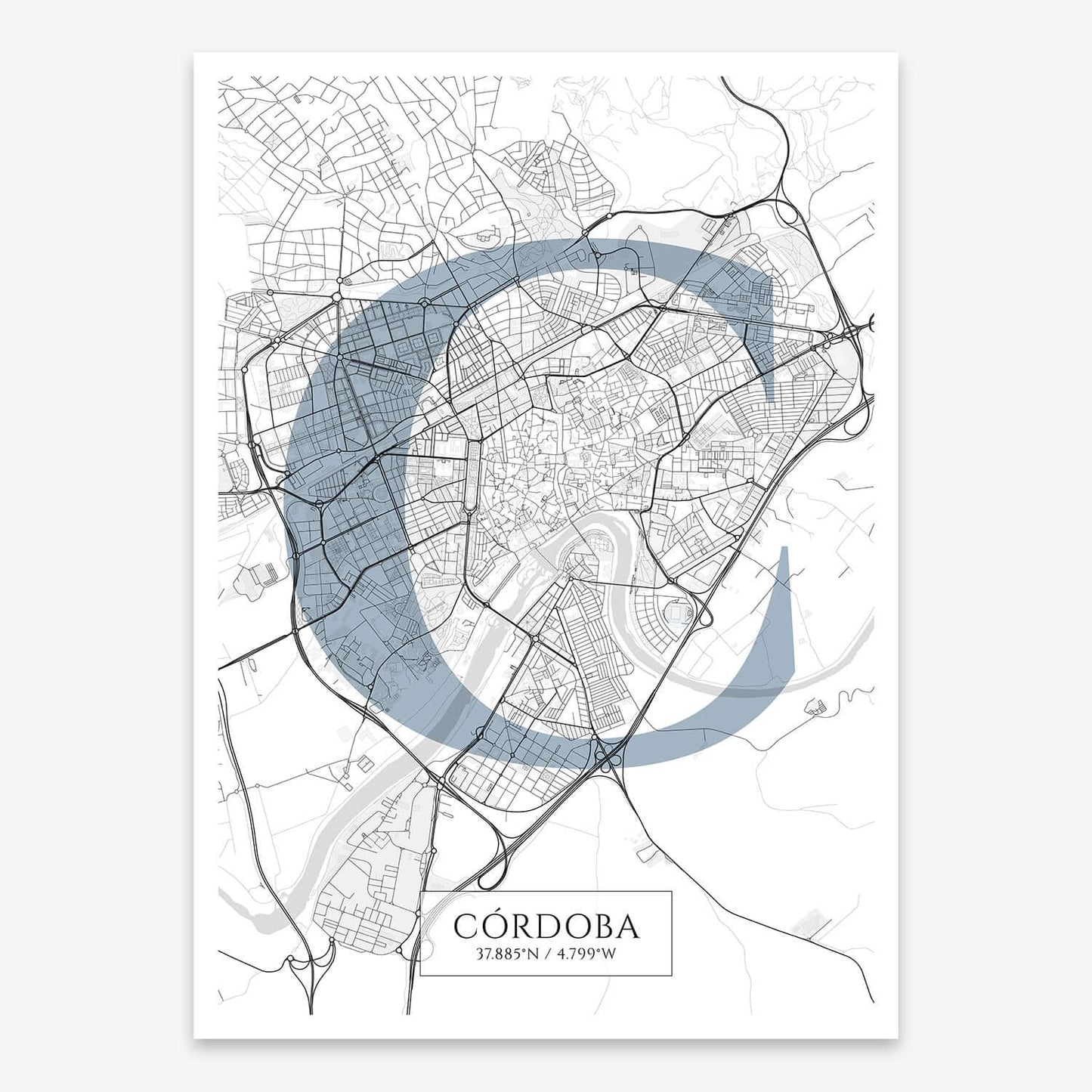 The map of Cordoba composed with letters in serif font printed on black and white