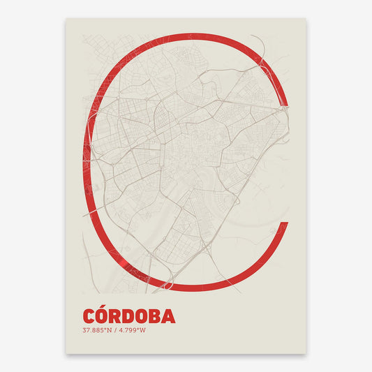 The map of Cordoba composed with letters in extra light font printed on red and an off-white background