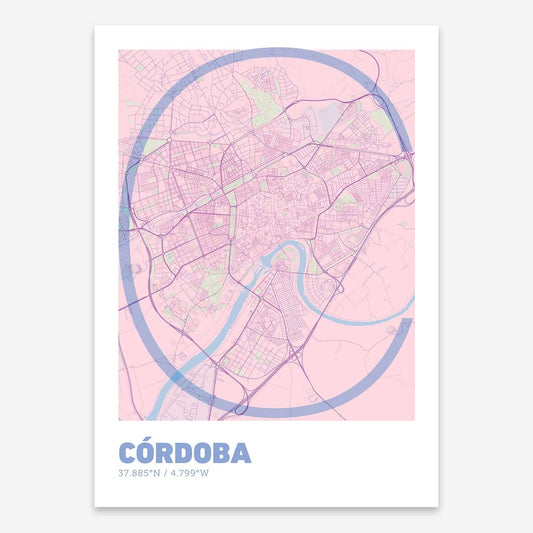 The map of Cordoba composed with letters in extra light font printed on pink and light blue