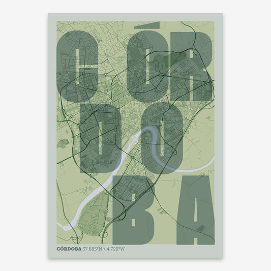 The map of Cordoba with letters of its name placed randomly, designed in two green tones