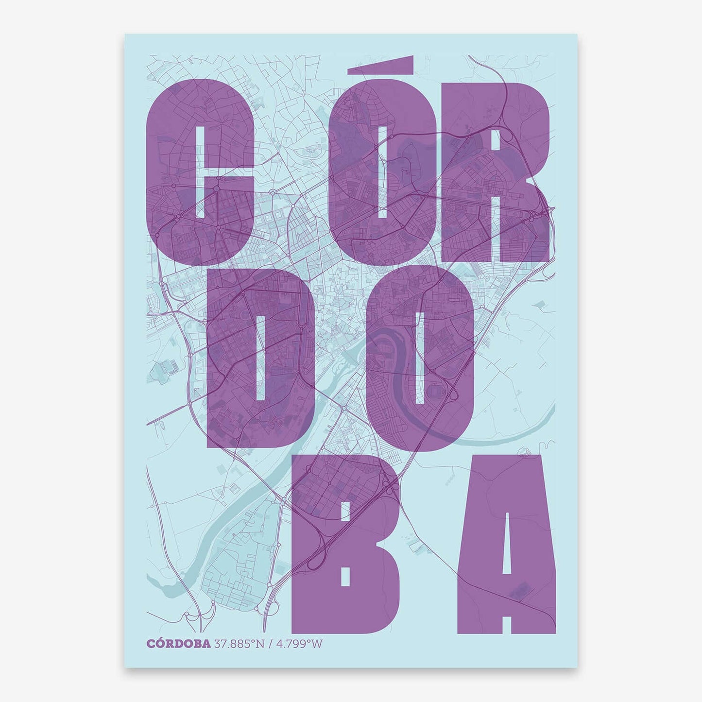 The map of Cordoba with letters of its name placed randomly, designed in purple and light blue