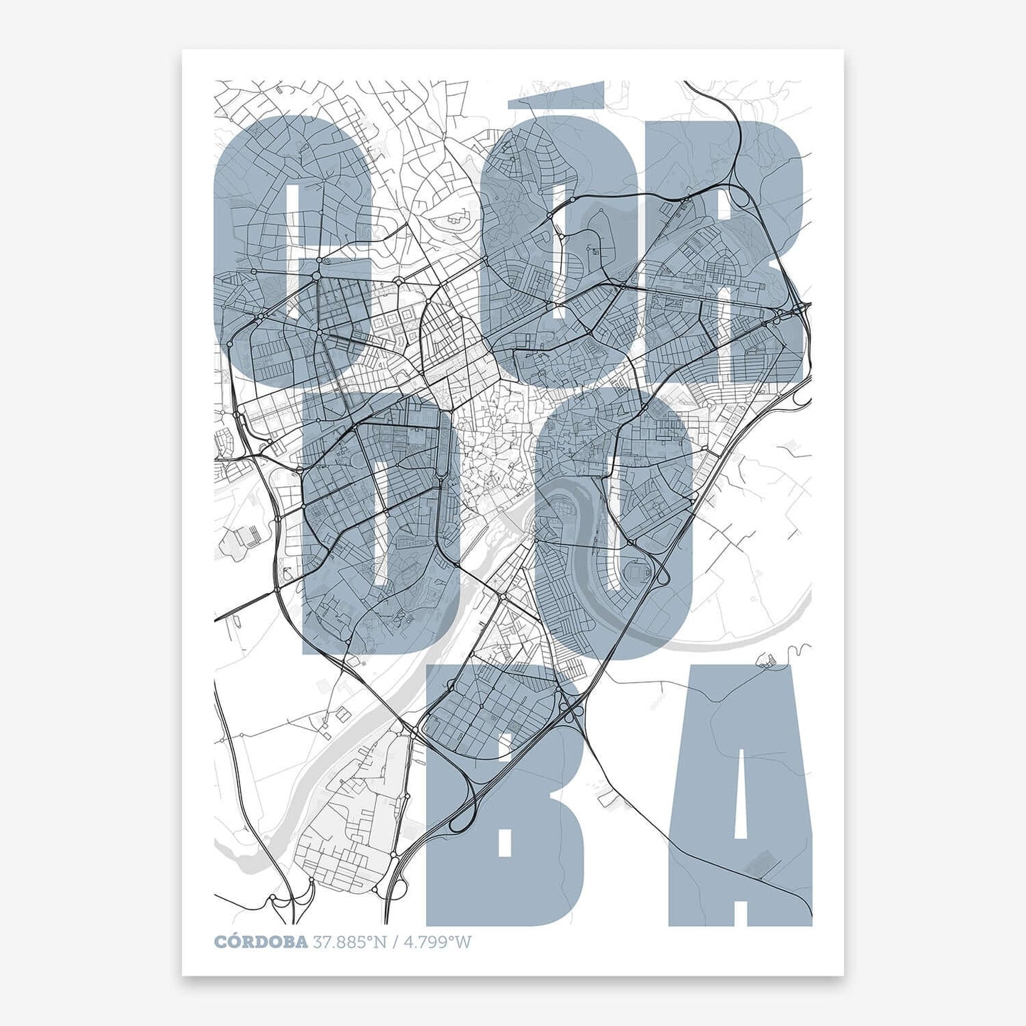 The map of Cordoba with letters of its name placed randomly, designed in black and white