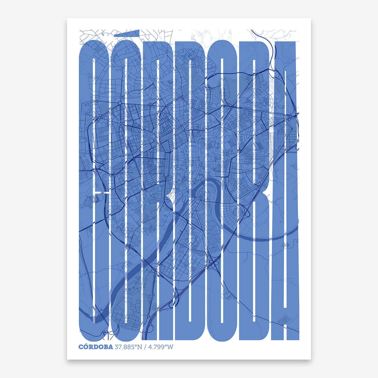 The map of Cordoba and letters of its name in a giclée print designed in navy blue and white