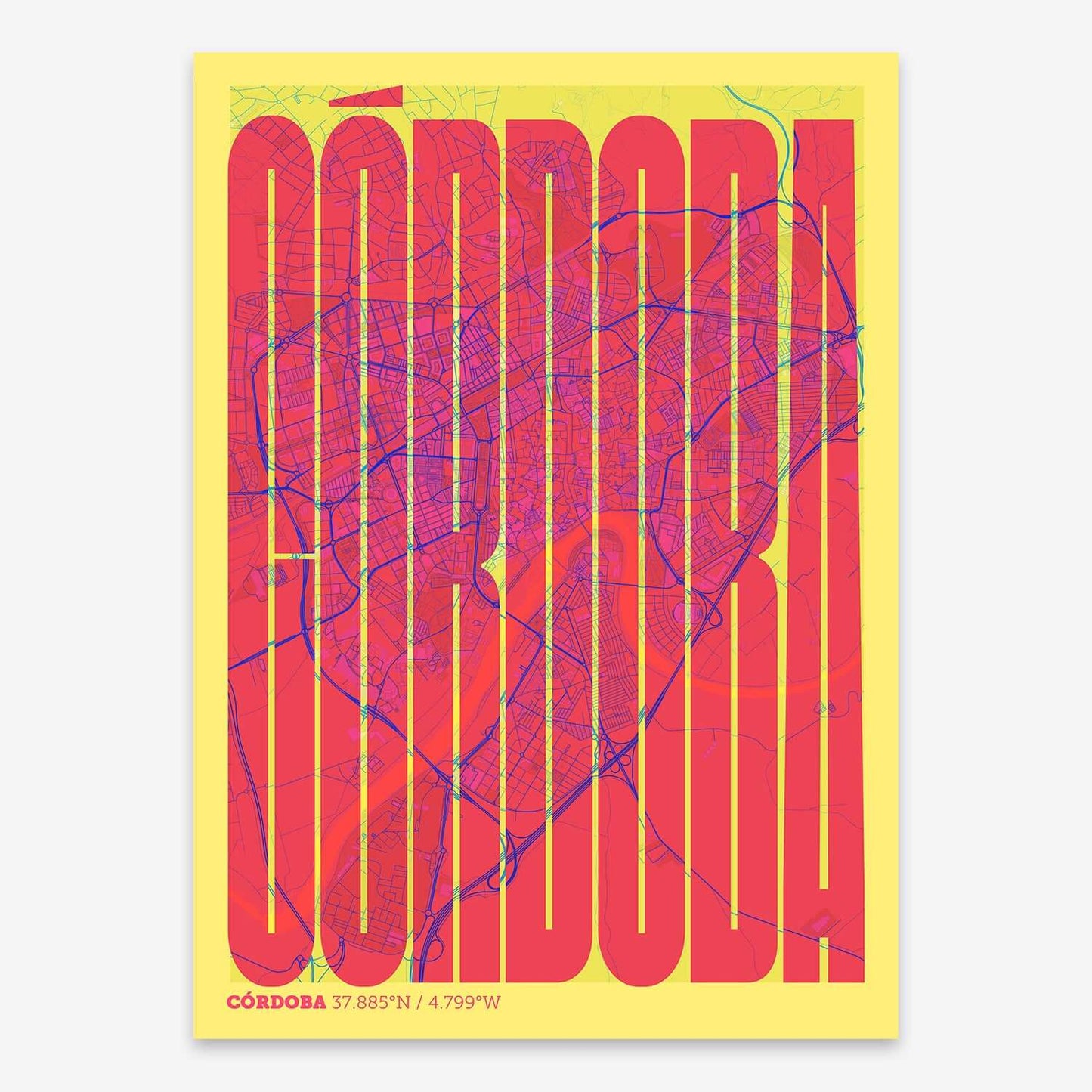 The map of Cordoba and letters of its name in a giclée print designed in yellow and fuchsia