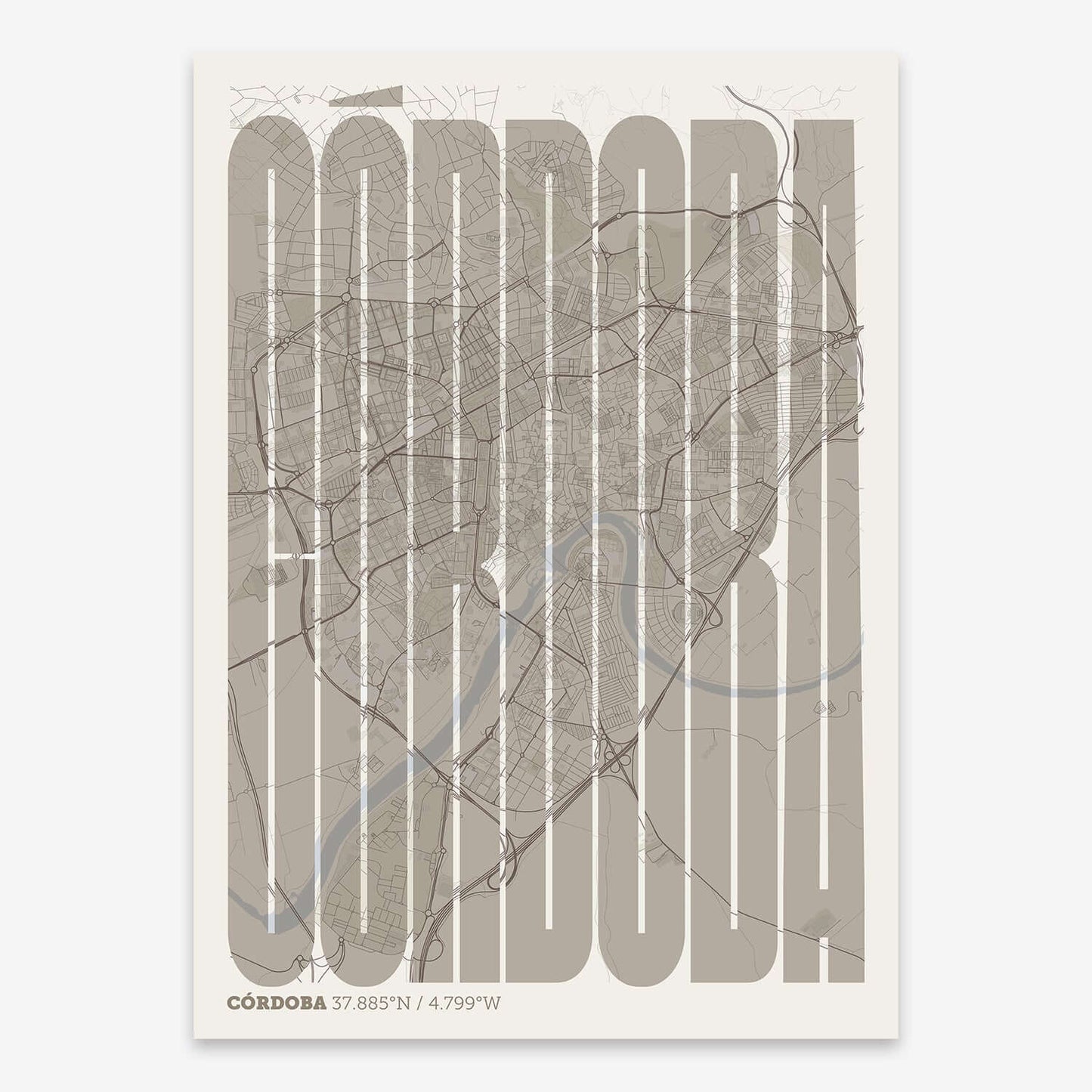 The map of Cordoba and letters of its name in a giclée print designed in light brown and an off-white background